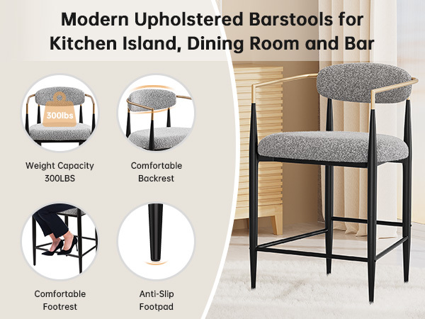 Modern Gray Boucle Counter Height Bar Stool for Kitchen Island, Metal Frame Dining Room Chair Barstools Set of 2