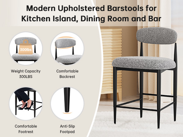 26 in. Gray Boucle Counter Height Bar Stool Set of 2, Dining Room Armless Chair Barstools for Kitchen Island