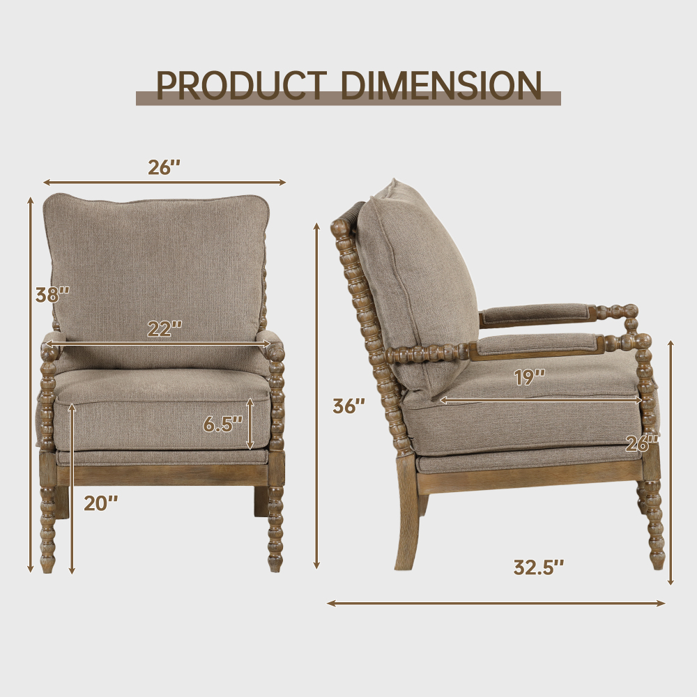 Mid Century Brown Spindle Accent Chair Upholstered Armchair with Thick Cushion and Wood Frame