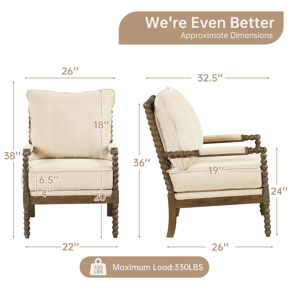 2-Piece Mid Century Beige Spindle Accent Chair Upholstered Armchair with Thick Cushion and Wood Frame