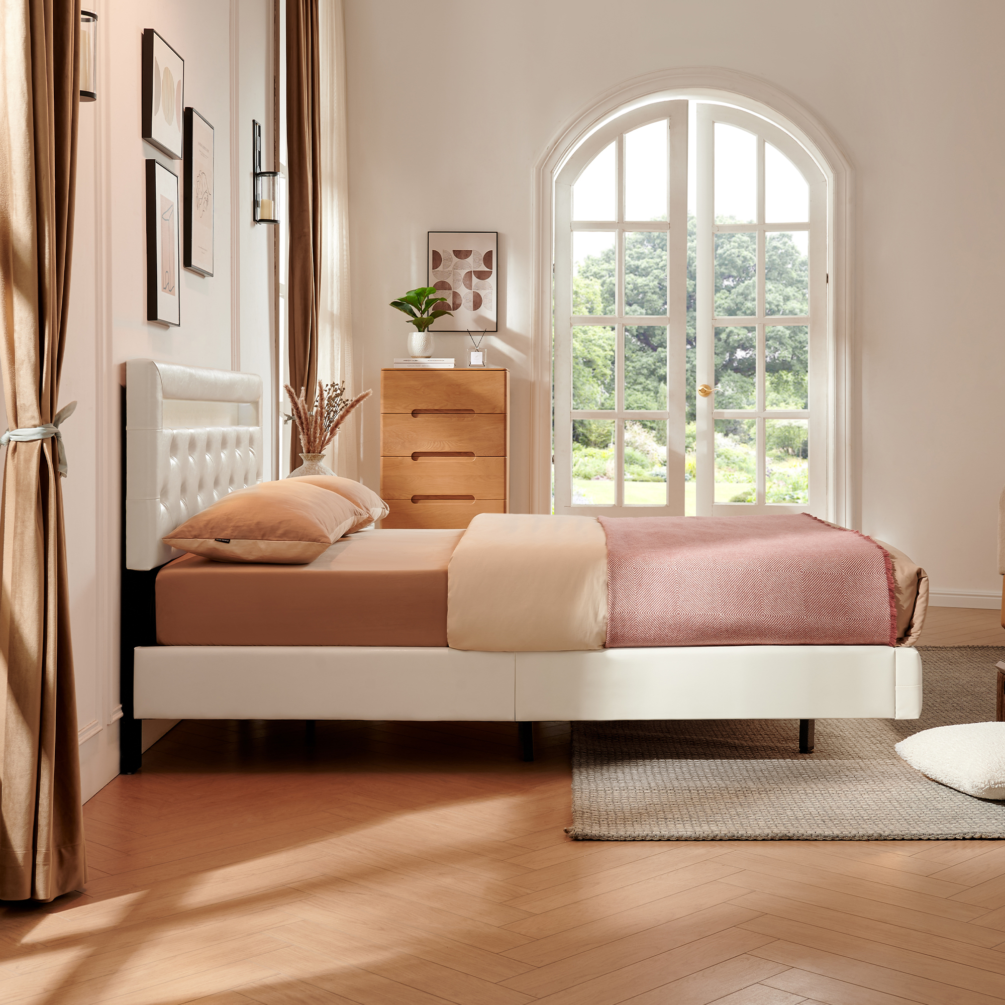 LED Floating Cream White Wood Frame King Size Platform Bed with Faux Leather Upholstered Headboard No Spring Box Need