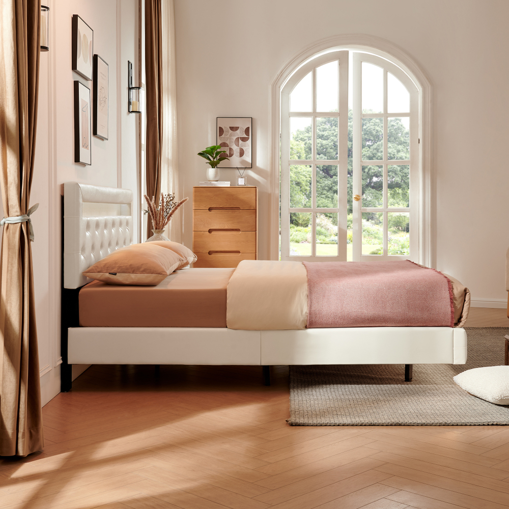 LED Floating Cream White Wood Frame Queen Size Platform Bed with Faux Leather Upholstered Headboard No Spring Box Need