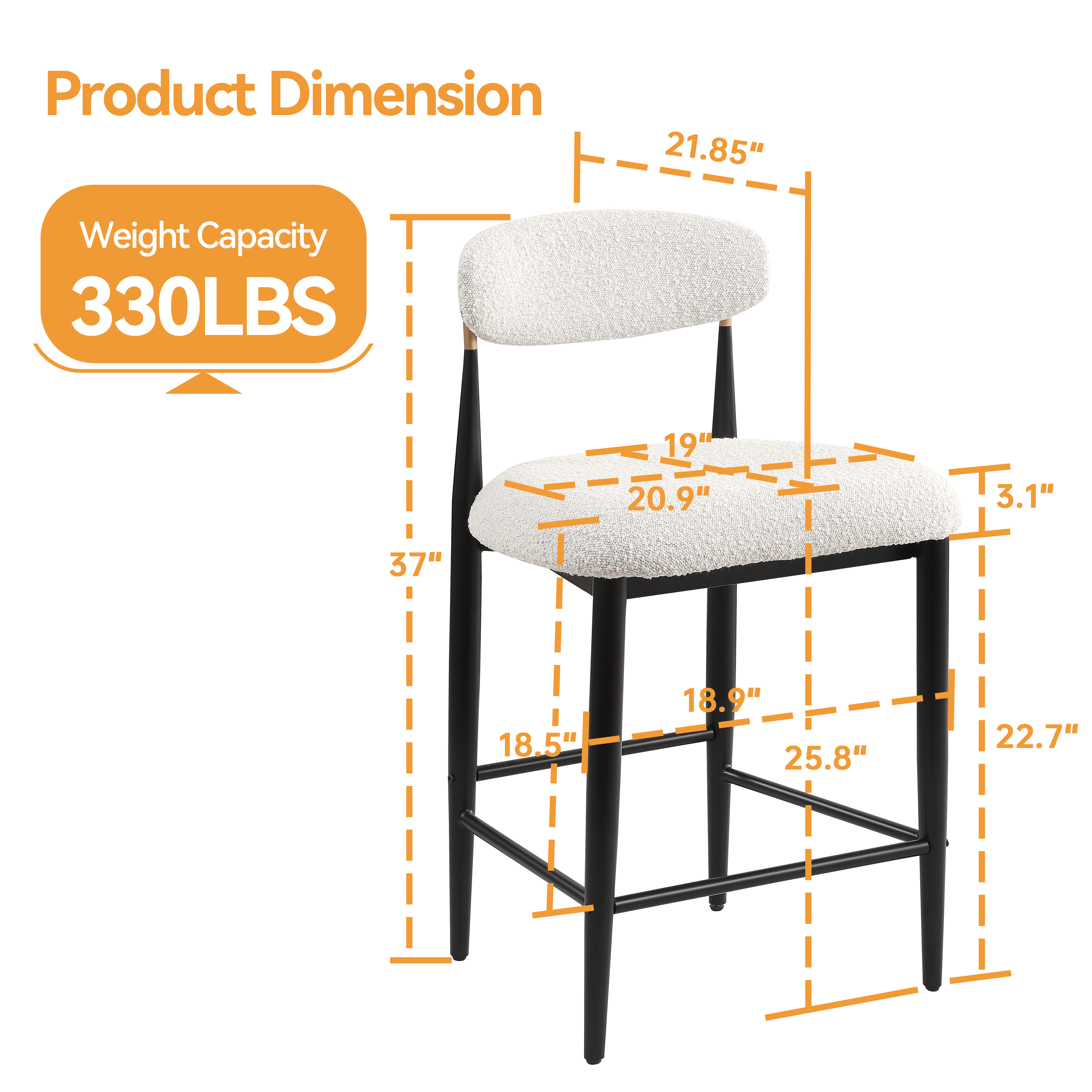 26 in. White Boucle Counter Height Bar Stool Set of 2, Dining Room Armless Chair Barstools for Kitchen Island