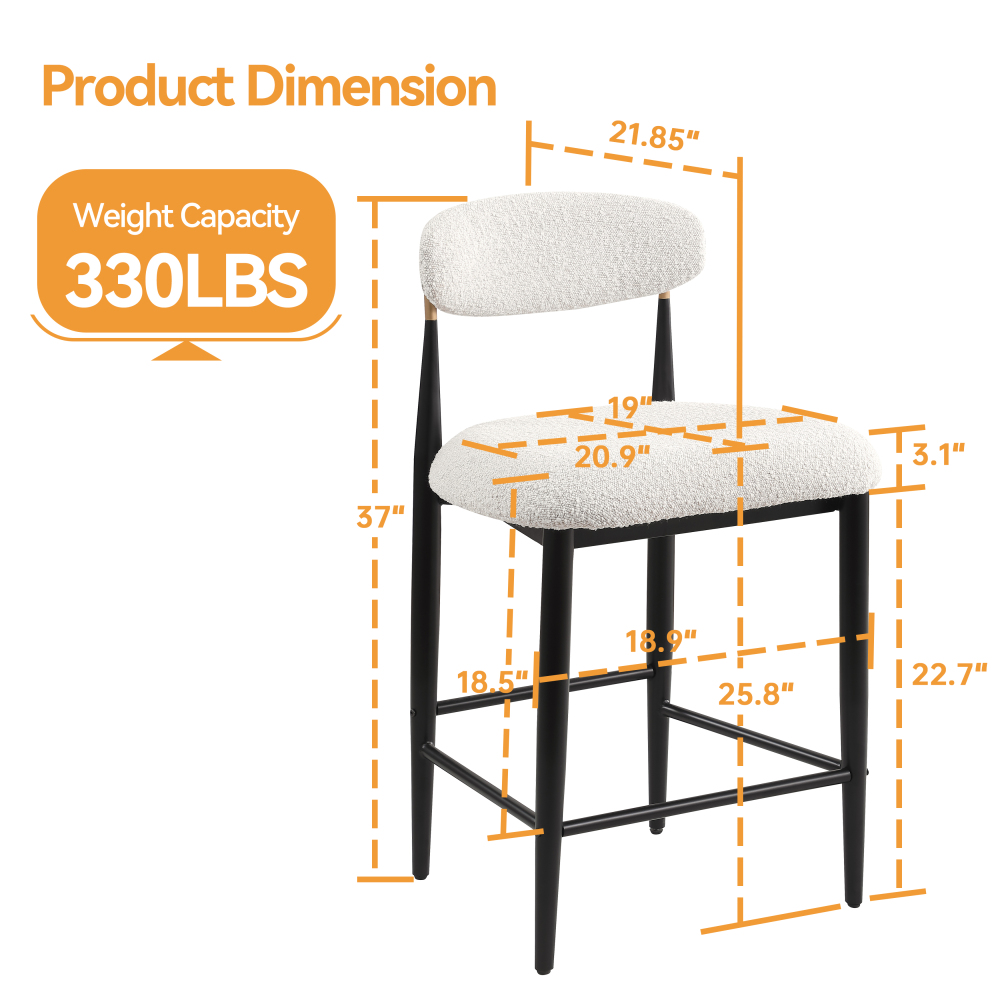 26 in. White Boucle Counter Height Bar Stool Set of 2, Dining Room Armless Chair Barstools for Kitchen Island