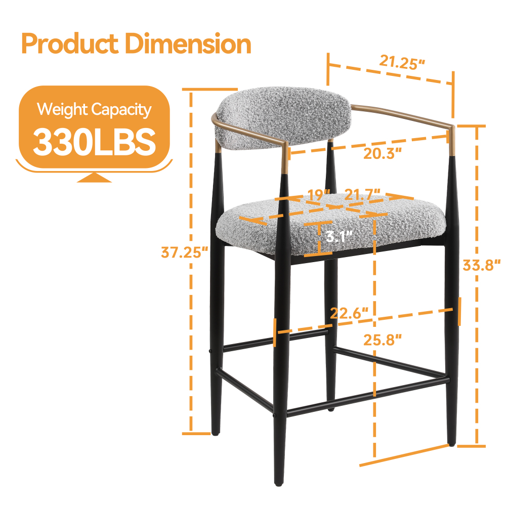 Modern Gray Boucle Counter Height Bar Stool for Kitchen Island, Metal Frame Dining Room Chair Barstools Set of 2
