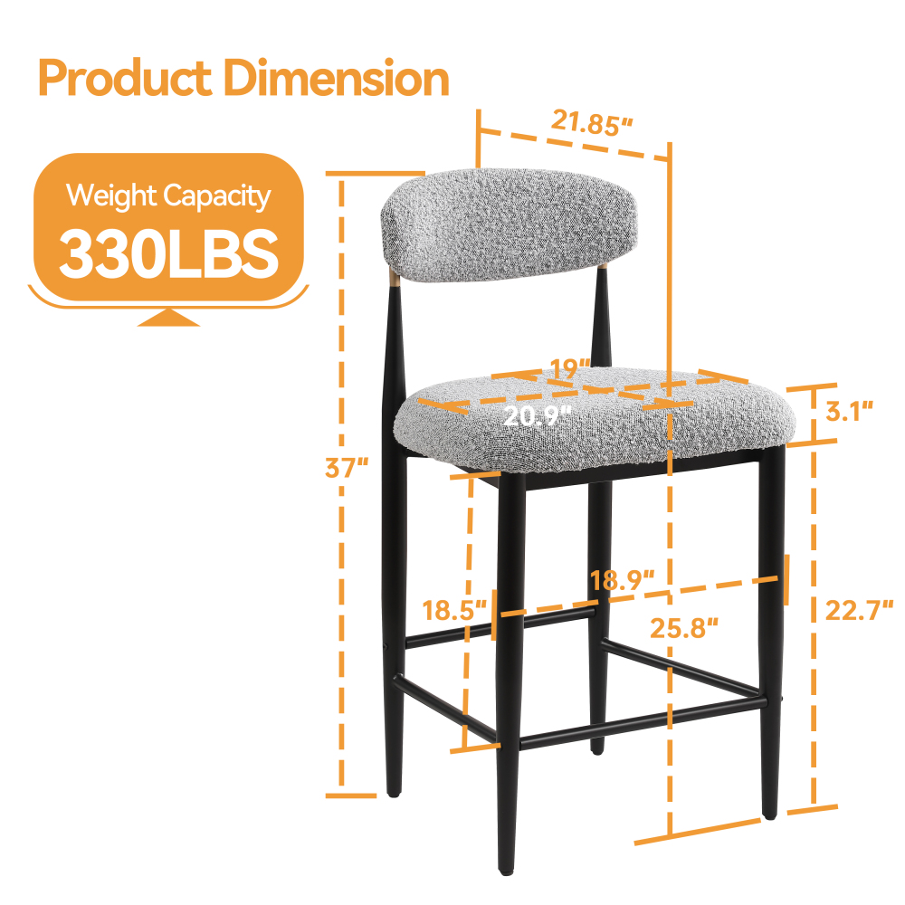 26 in. Gray Boucle Counter Height Bar Stool Set of 2, Dining Room Armless Chair Barstools for Kitchen Island