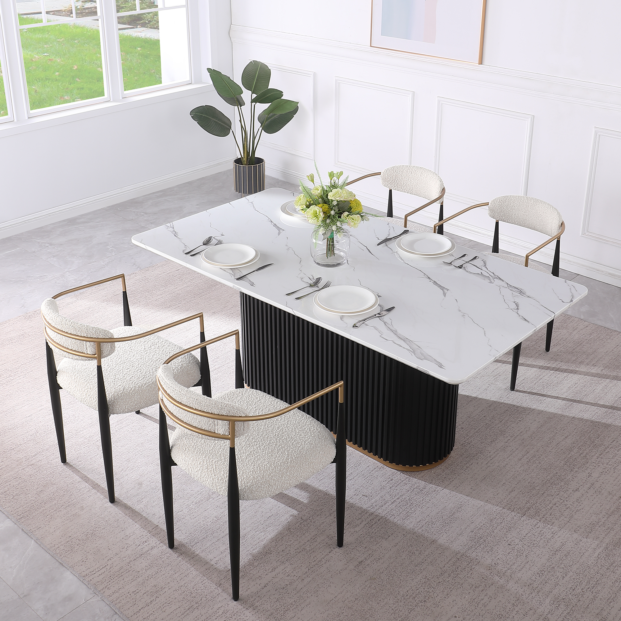 Luxury Faux Marble Top Column Base Dining Table Rectangular Metal Frame in White for Kitchen Seats of 6