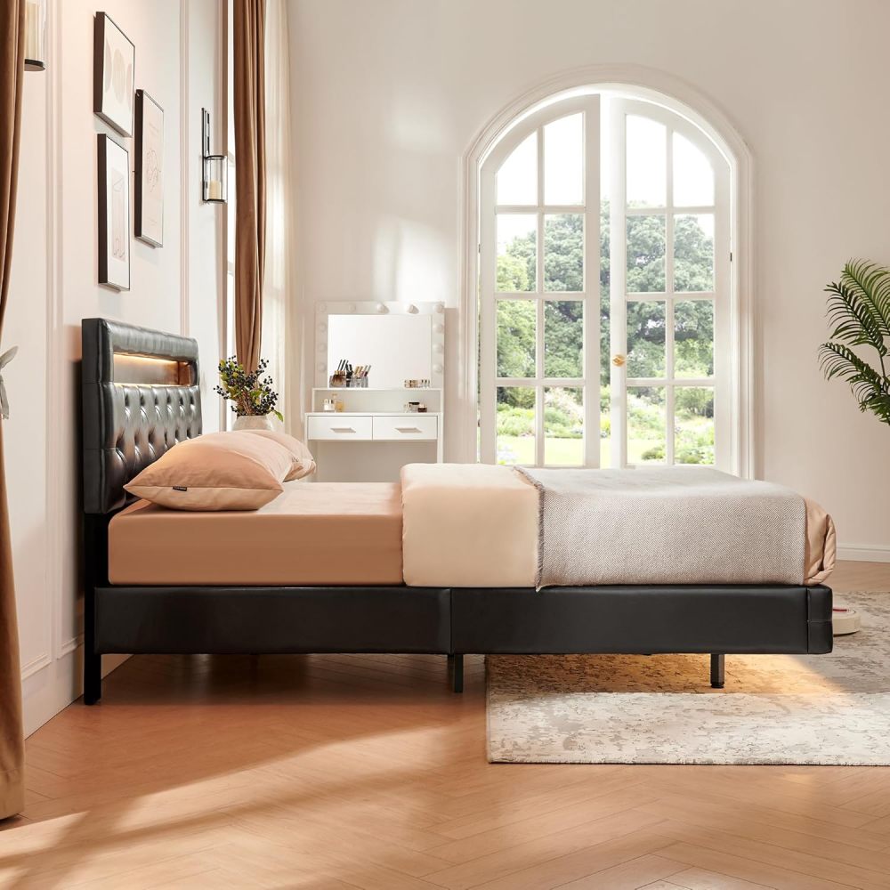 LED Floating Brown Wood Frame Full Size Platform Bed with Faux Leather Upholstered Headboard No Spring Box Need