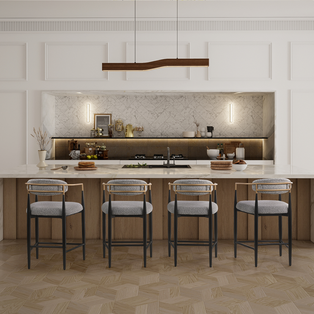 Modern Gray Boucle Counter Height Bar Stool for Kitchen Island, Metal Frame Dining Room Chair Barstools Set of 4