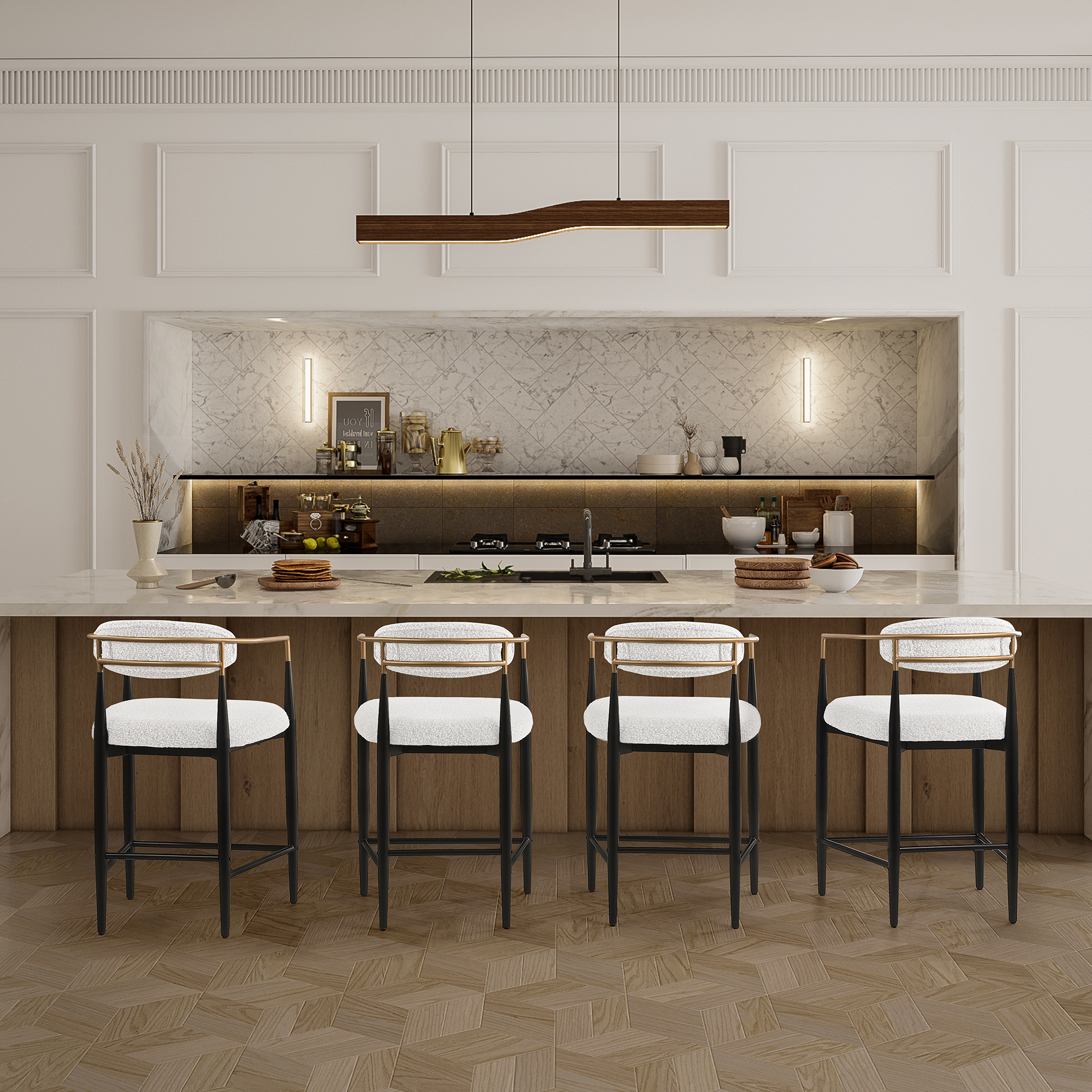 Modern White Boucle Counter Height Bar Stool for Kitchen Island, Metal Frame Dining Room Chair Barstools Set of 4