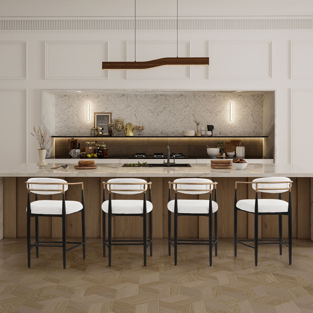 Modern White Boucle Counter Height Bar Stool for Kitchen Island, Metal Frame Dining Room Chair Barstools Set of 4