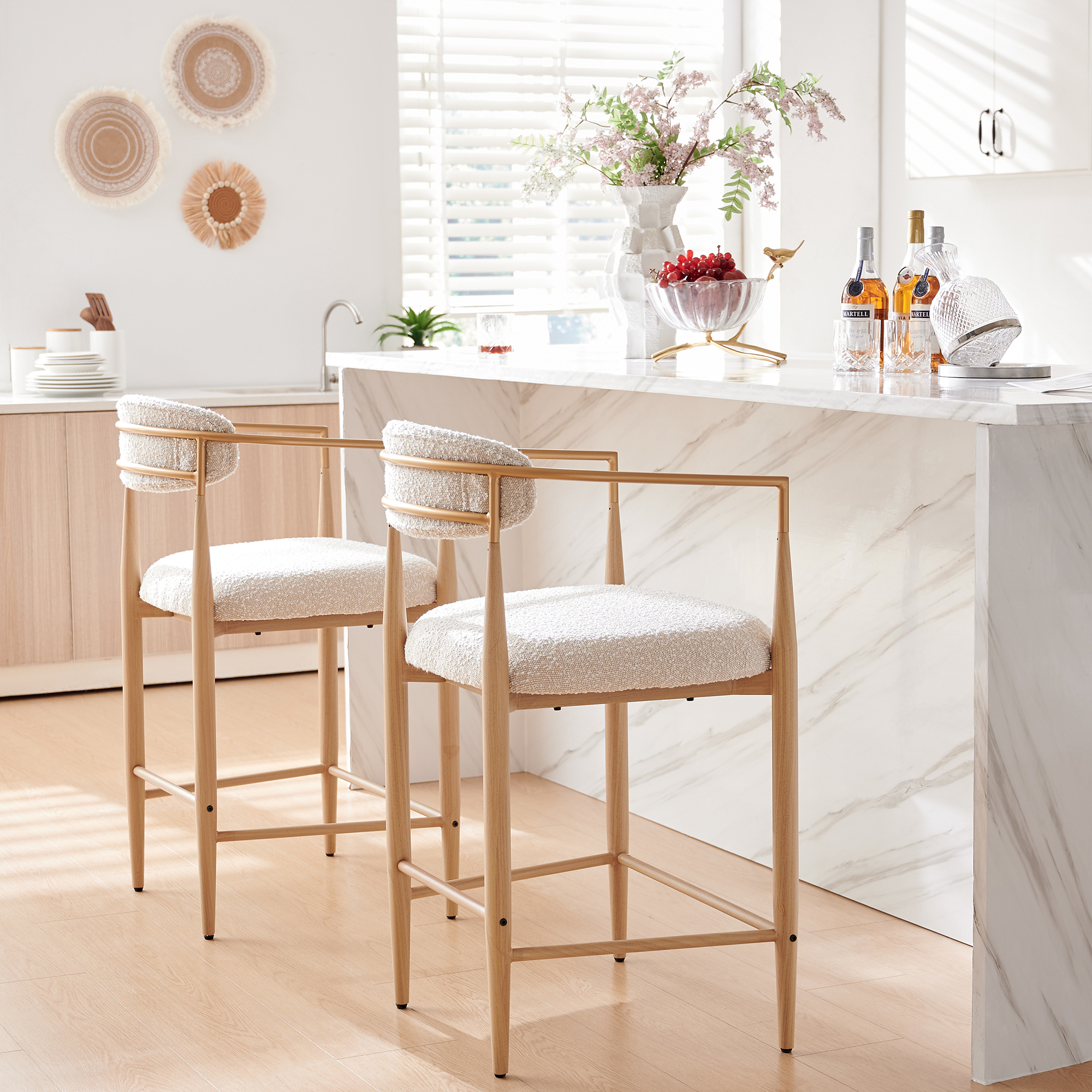 Boucle White Counter Height Bar Stool for Kitchen Island, Dining Room Metal Arm Chair Pub Barstools Set of 2