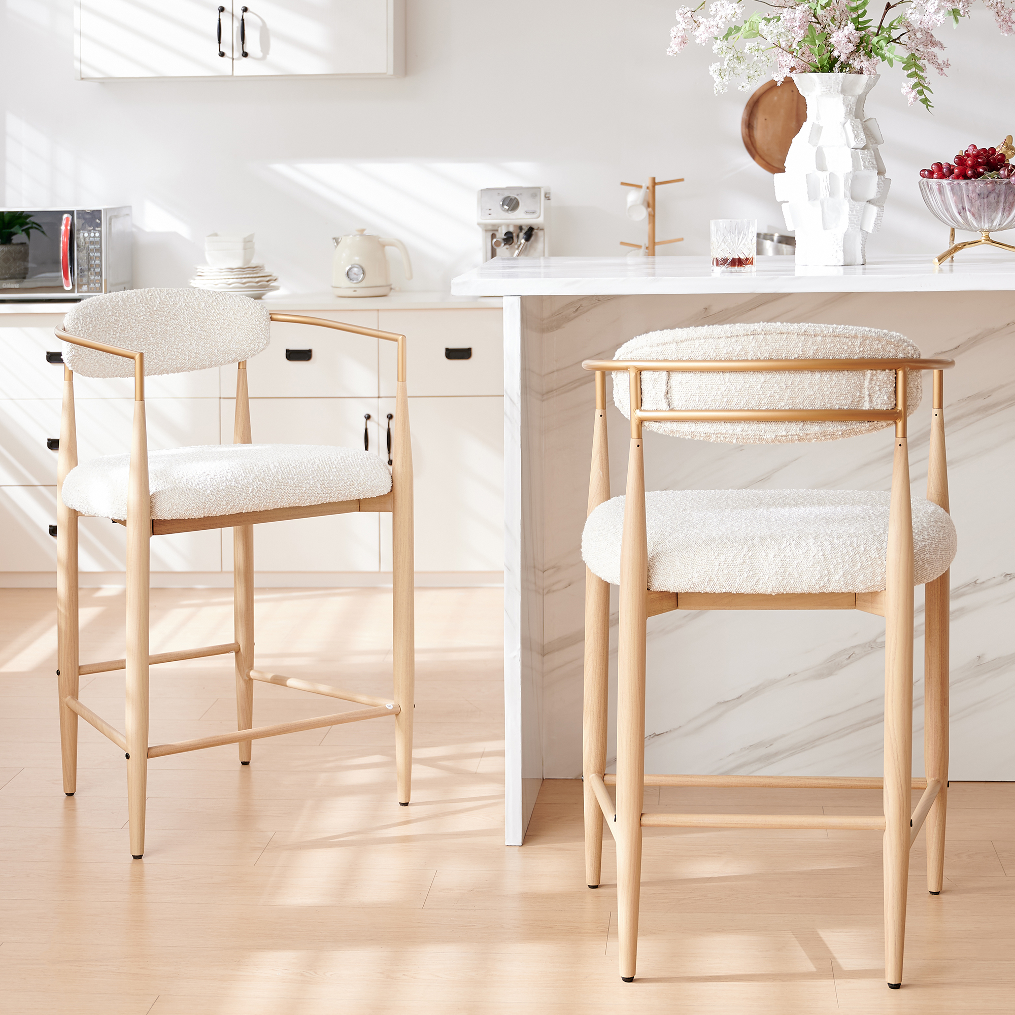 Boucle White Counter Height Bar Stool for Kitchen Island, Dining Room Metal Arm Chair Pub Barstools Set of 2