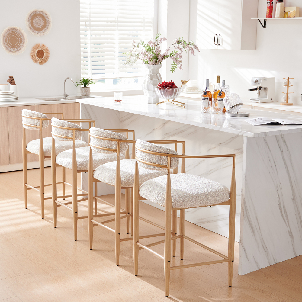 Boucle White Counter Height Bar Stool for Kitchen Island, Dining Room Metal Arm Chair Pub Barstools Set of 4