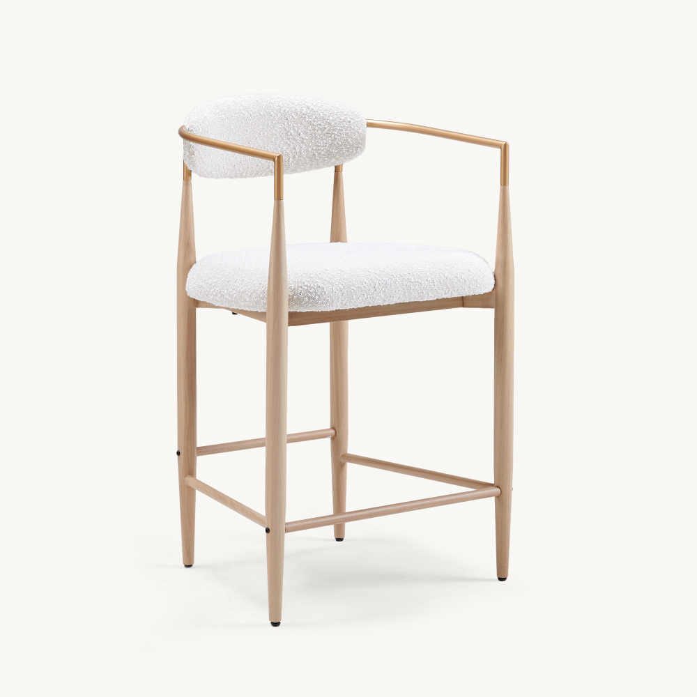 Boucle White Counter Height Bar Stool for Kitchen Island, Dining Room Metal Arm Chair Pub Barstools Set of 2