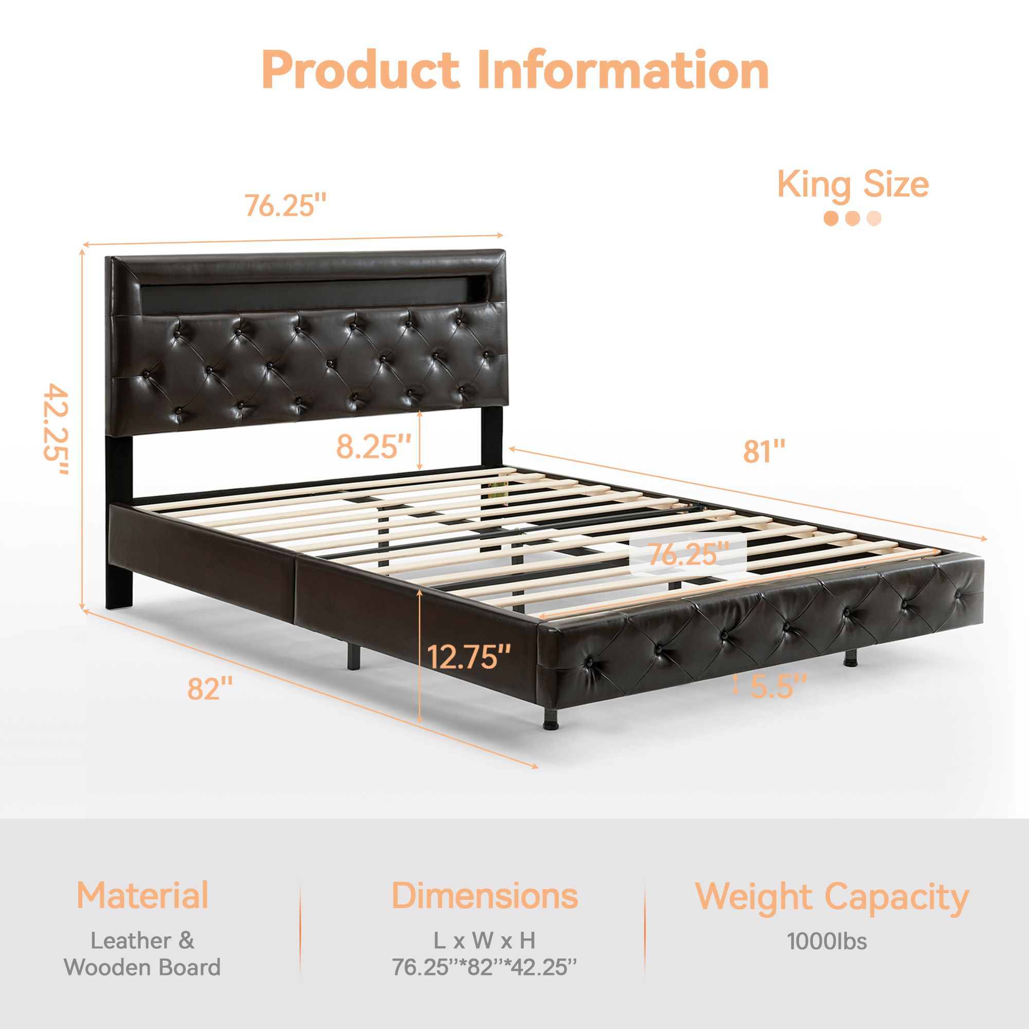 LED Floating Brown Wood Frame King Size Platform Bed with Faux Leather Upholstered Headboard No Spring Box Need