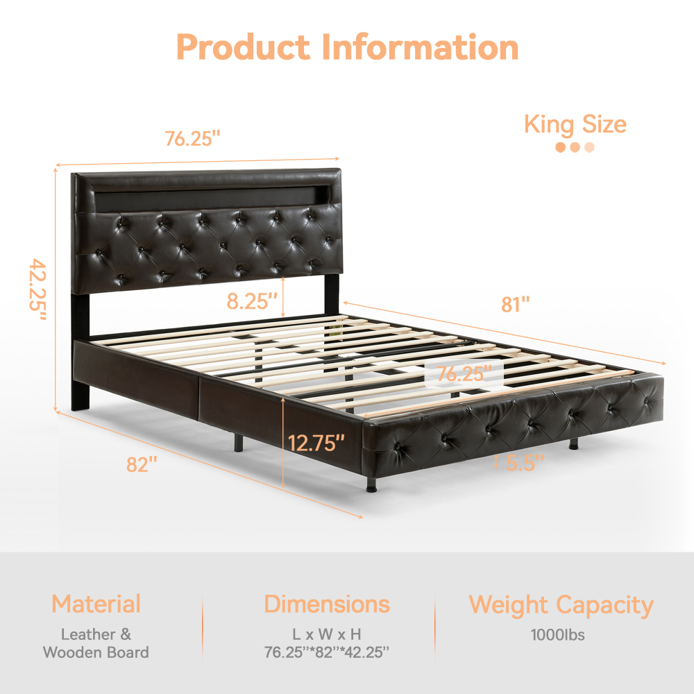 LED Floating Brown Wood Frame King Size Platform Bed with Faux Leather Upholstered Headboard No Spring Box Need