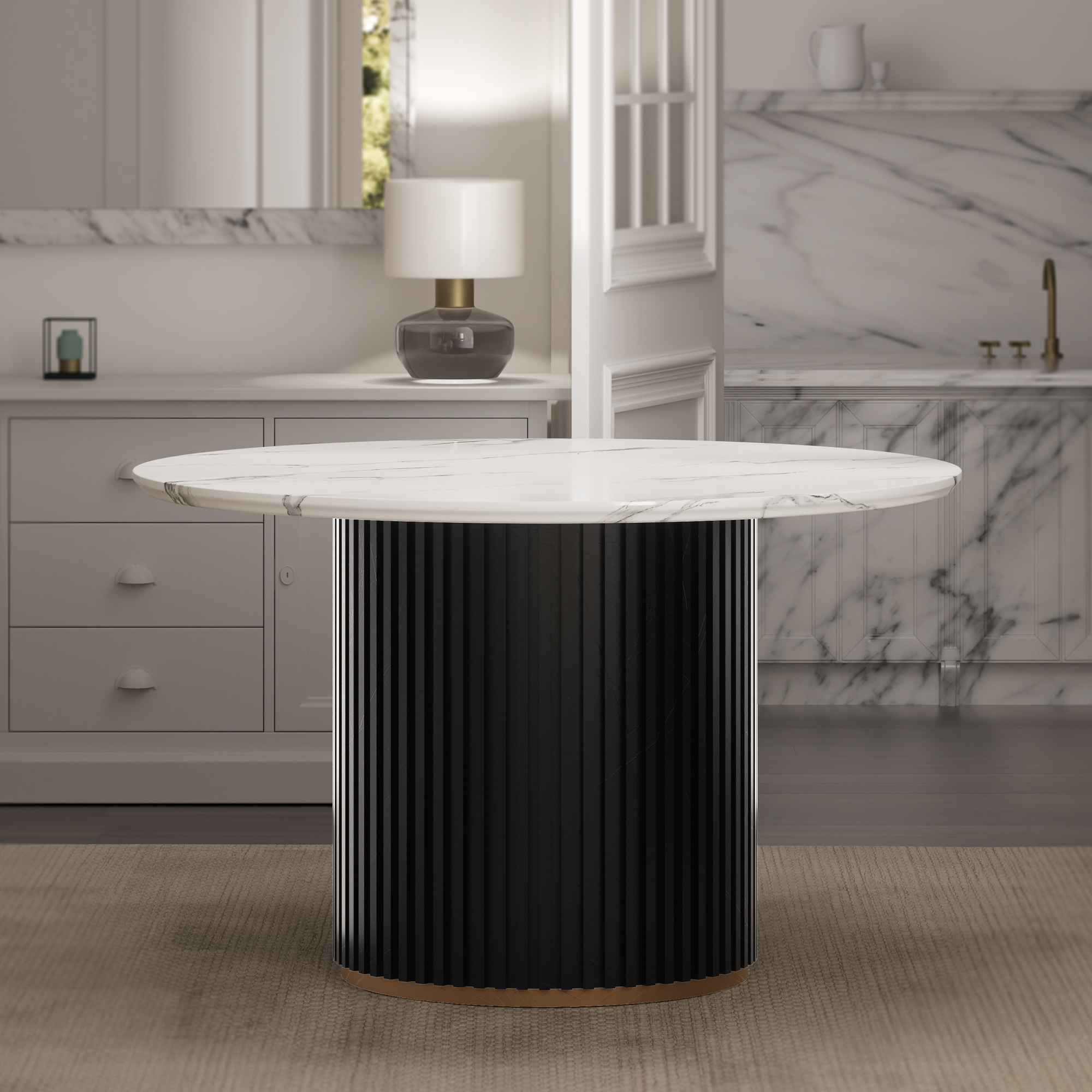 Luxury Faux Marble Top Column Base Dining Table Round Metal Frame in White for Kitchen Seats of 4