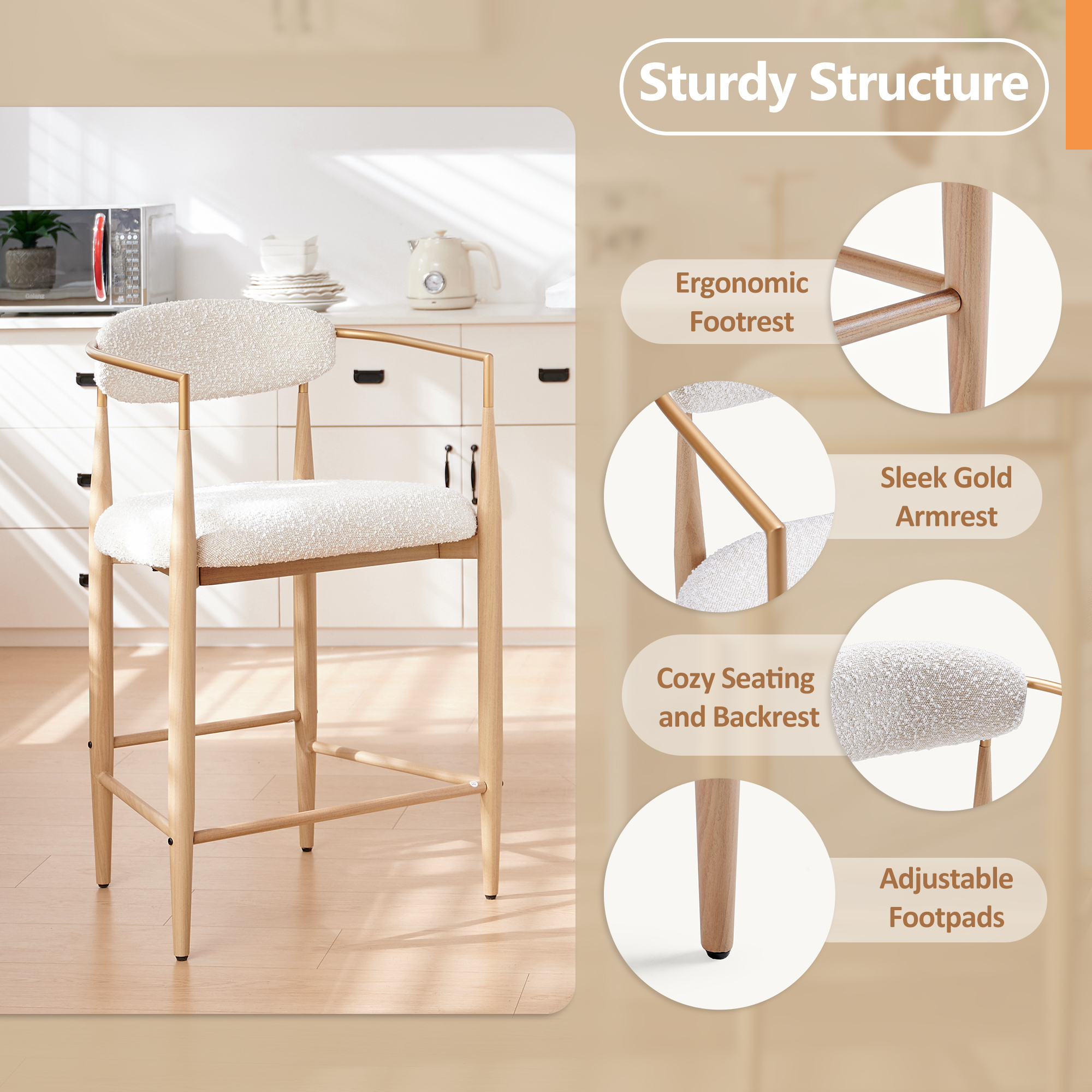 Boucle White Counter Height Bar Stool for Kitchen Island, Dining Room Metal Arm Chair Pub Barstools Set of 2