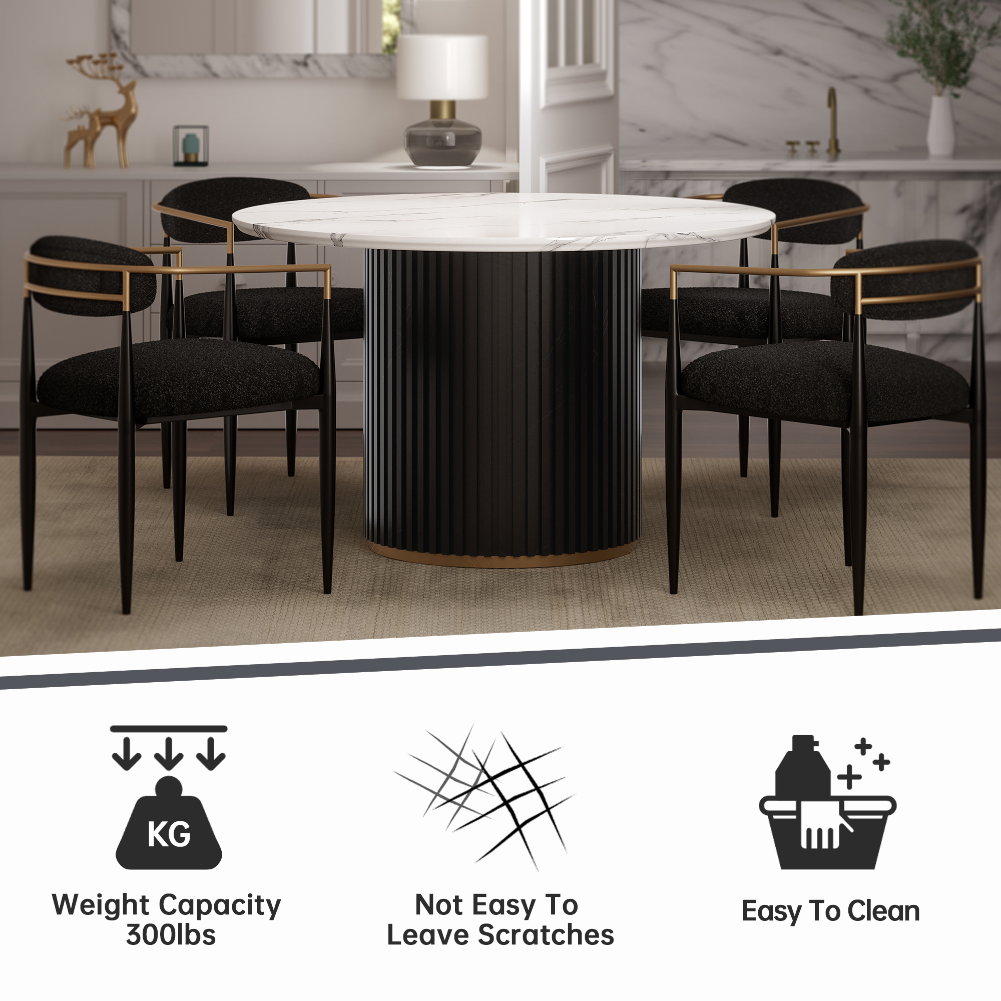 Luxury Faux Marble Top Column Base Dining Table Round Metal Frame in White for Kitchen Seats of 4