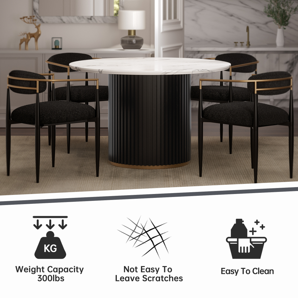 Luxury Faux Marble Top Column Base Dining Table Round Metal Frame in White for Kitchen Seats of 4