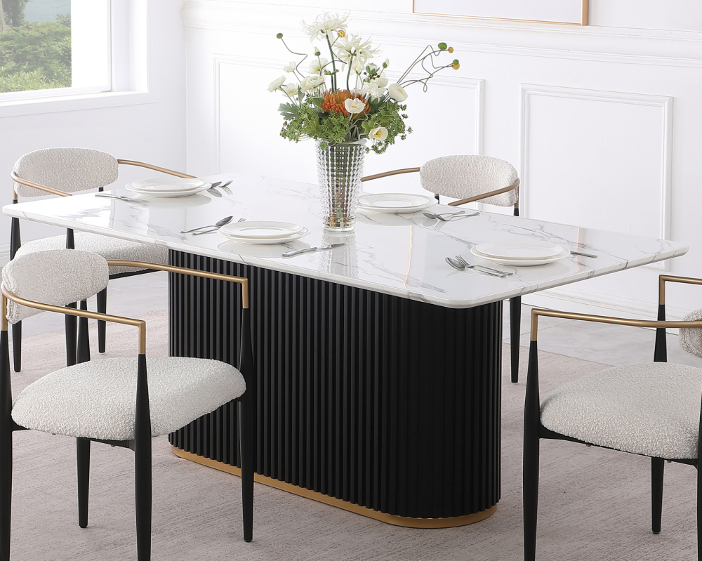 Luxury Faux Marble Top Column Base Dining Table Rectangular Metal Frame in White for Kitchen Seats of 6