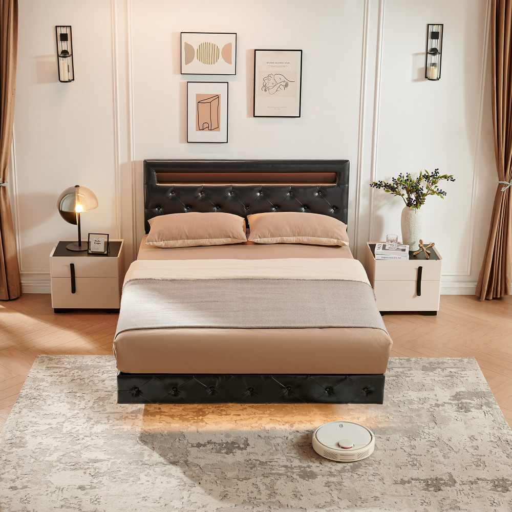 LED Floating Brown Wood Frame Queen Size Platform Bed with Faux Leather Upholstered Headboard No Spring Box Need
