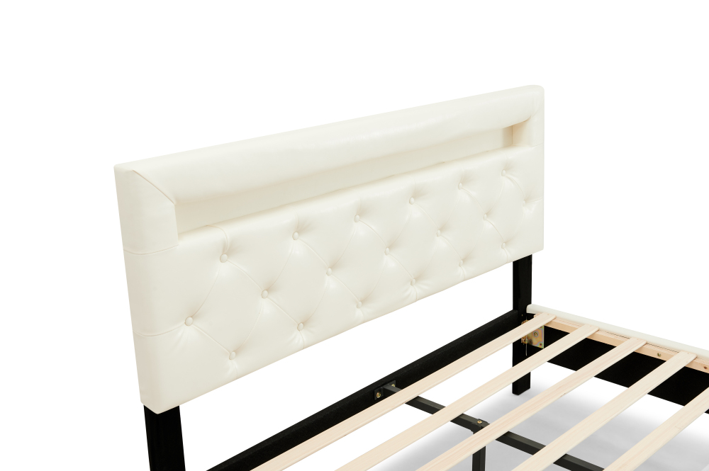LED Floating Cream White Wood Frame Queen Size Platform Bed with Faux Leather Upholstered Headboard No Spring Box Need
