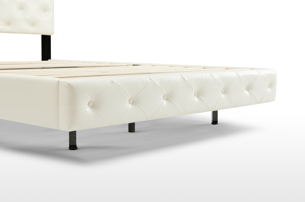 LED Floating Cream White Wood Frame King Size Platform Bed with Faux Leather Upholstered Headboard No Spring Box Need