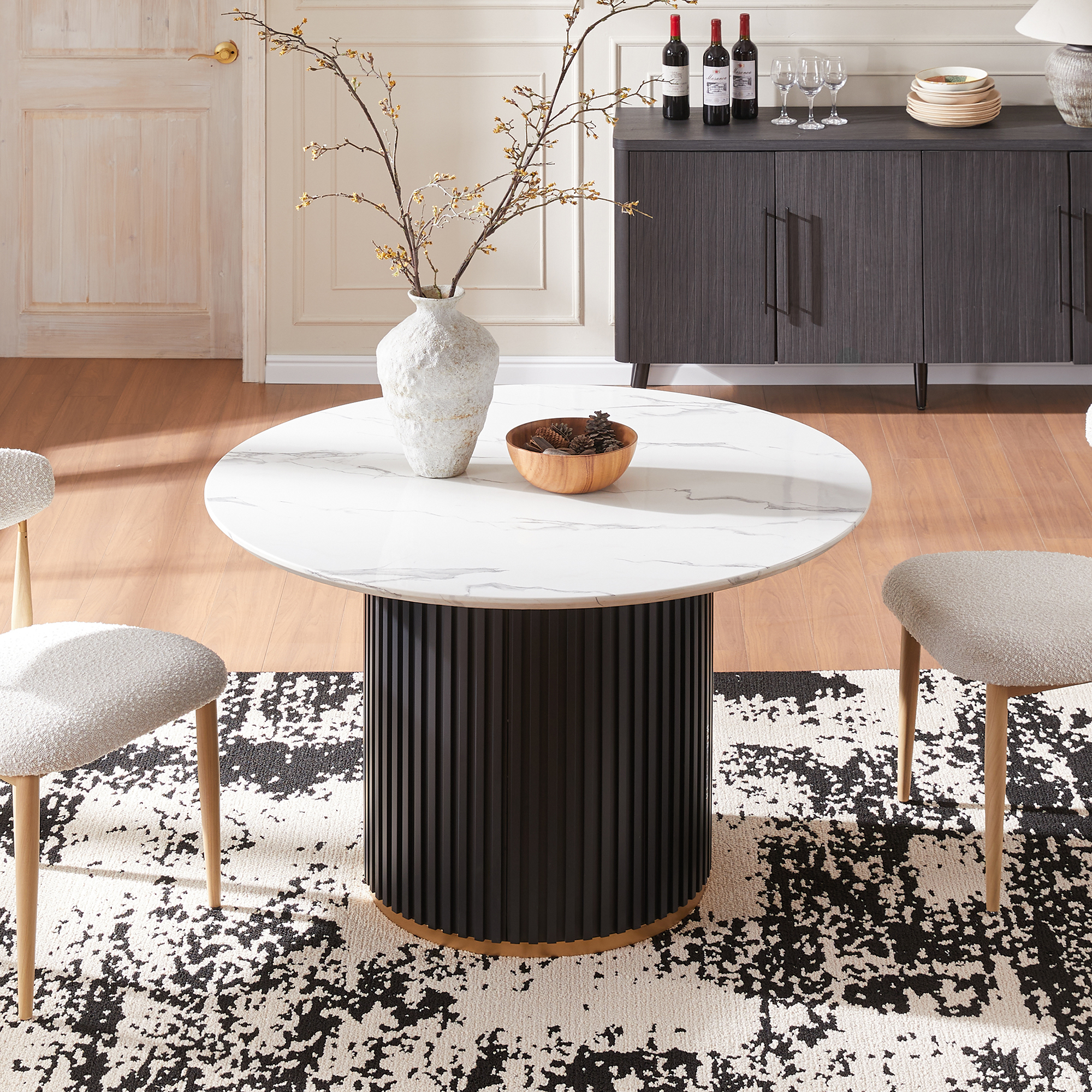Luxury Faux Marble Top Column Base Dining Table Round Metal Frame in White for Kitchen Seats of 4