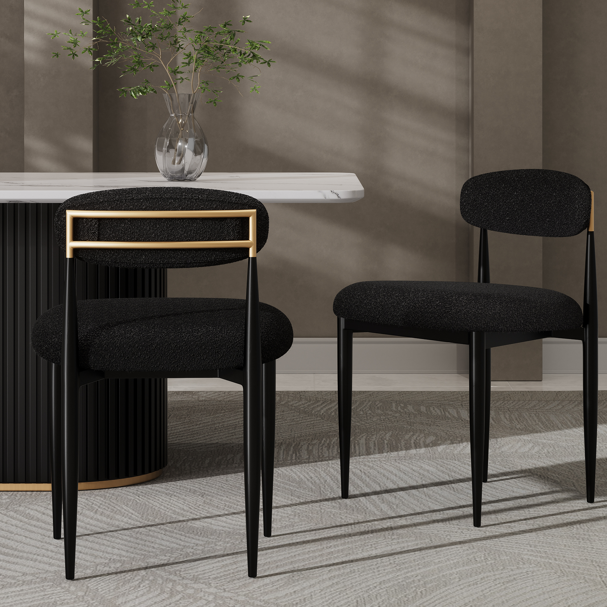 Modern 5-Piece Faux Marble Dining Table Top with Boucle Armless Chairs in Black Dining Room Set for Kitchen