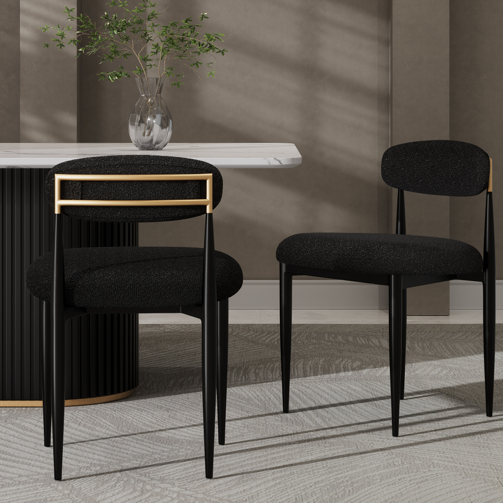 Modern 5-Piece Faux Marble Dining Table Top with Boucle Armless Chairs in Black Dining Room Set for Kitchen