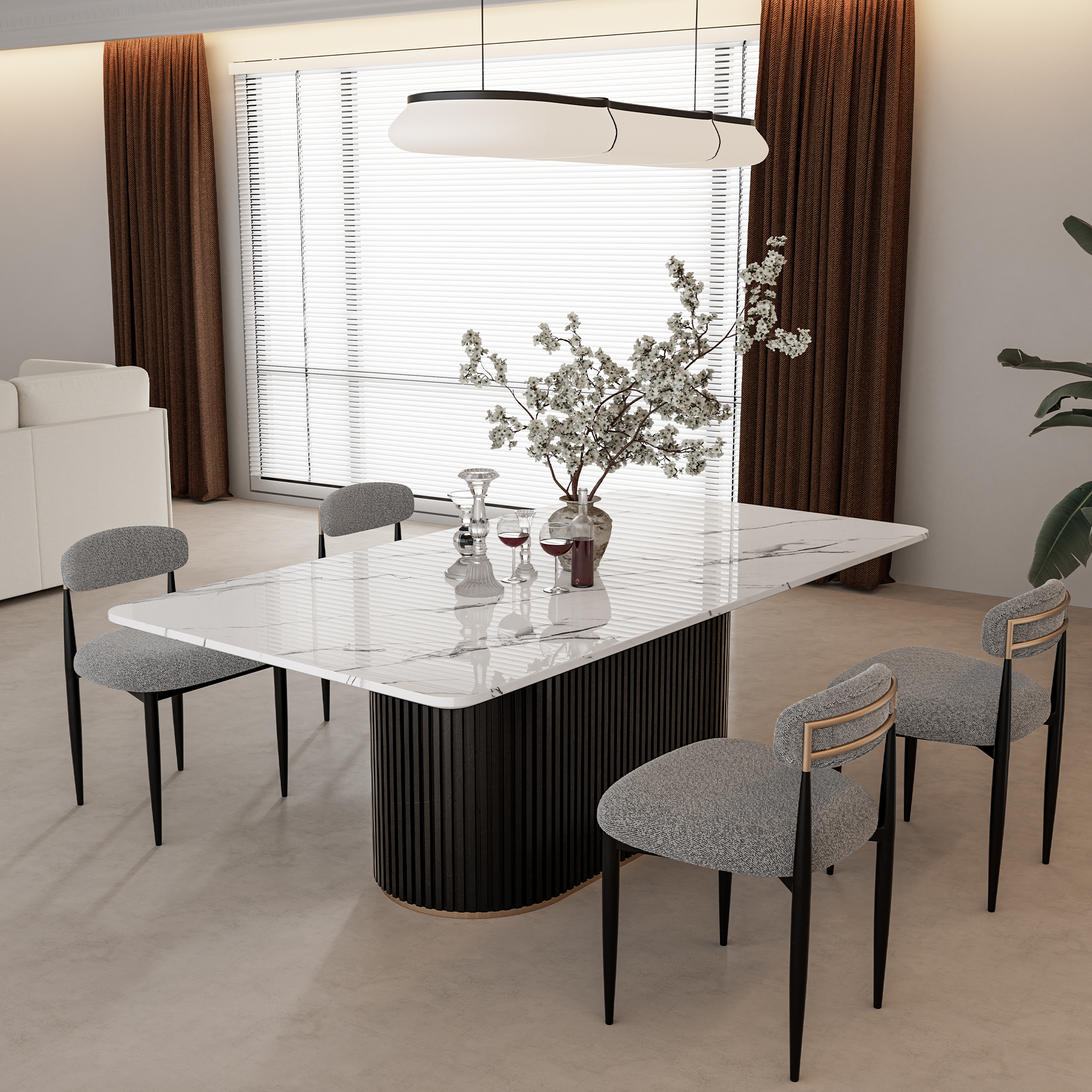 Modern 5-Piece Faux Marble Dining Table Top with Boucle Armless Chairs in Gray Dining Room Set for Kitchen