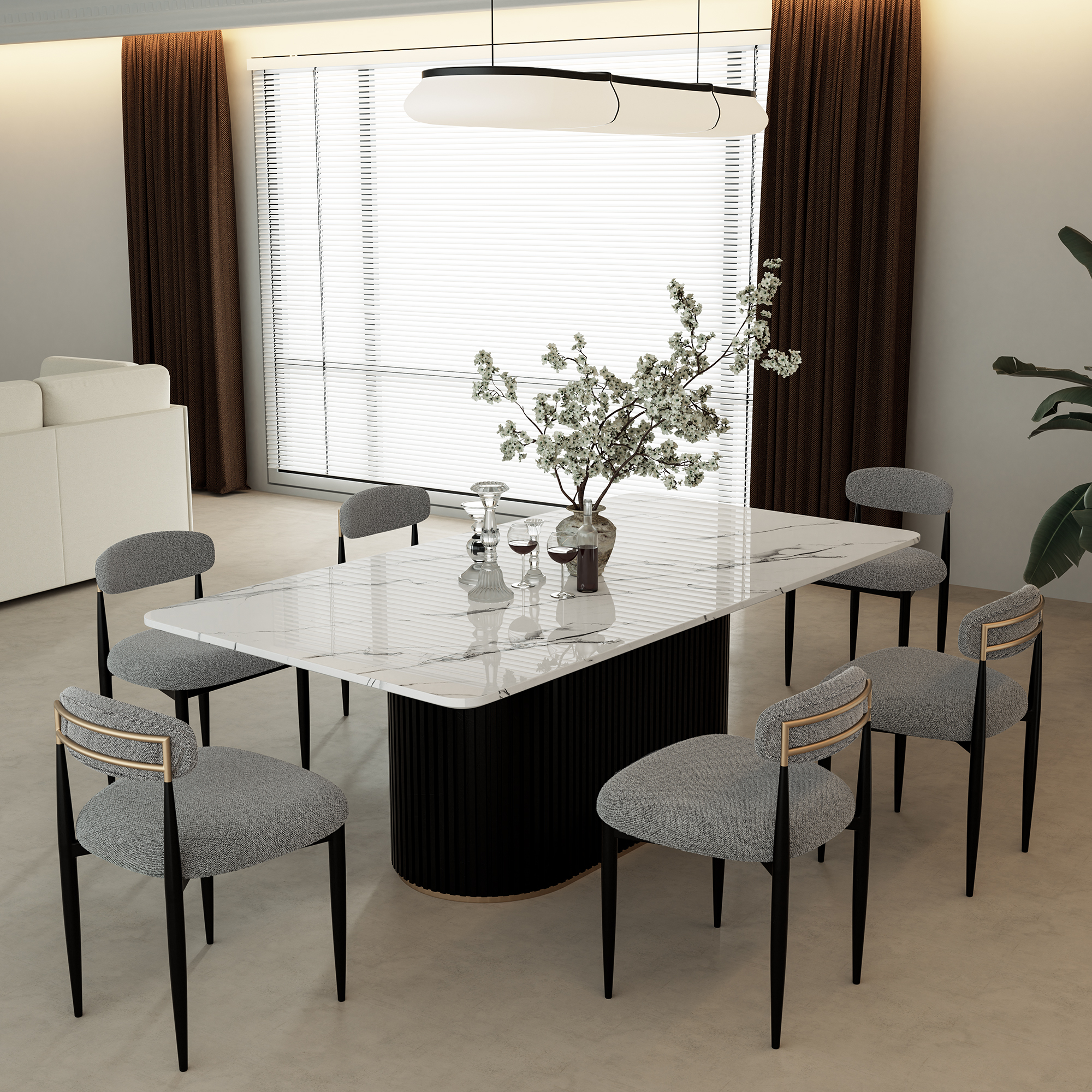 Modern 7-Piece Faux Marble Dining Table Top with Boucle Armless Chairs in Gray Dining Room Set for Kitchen