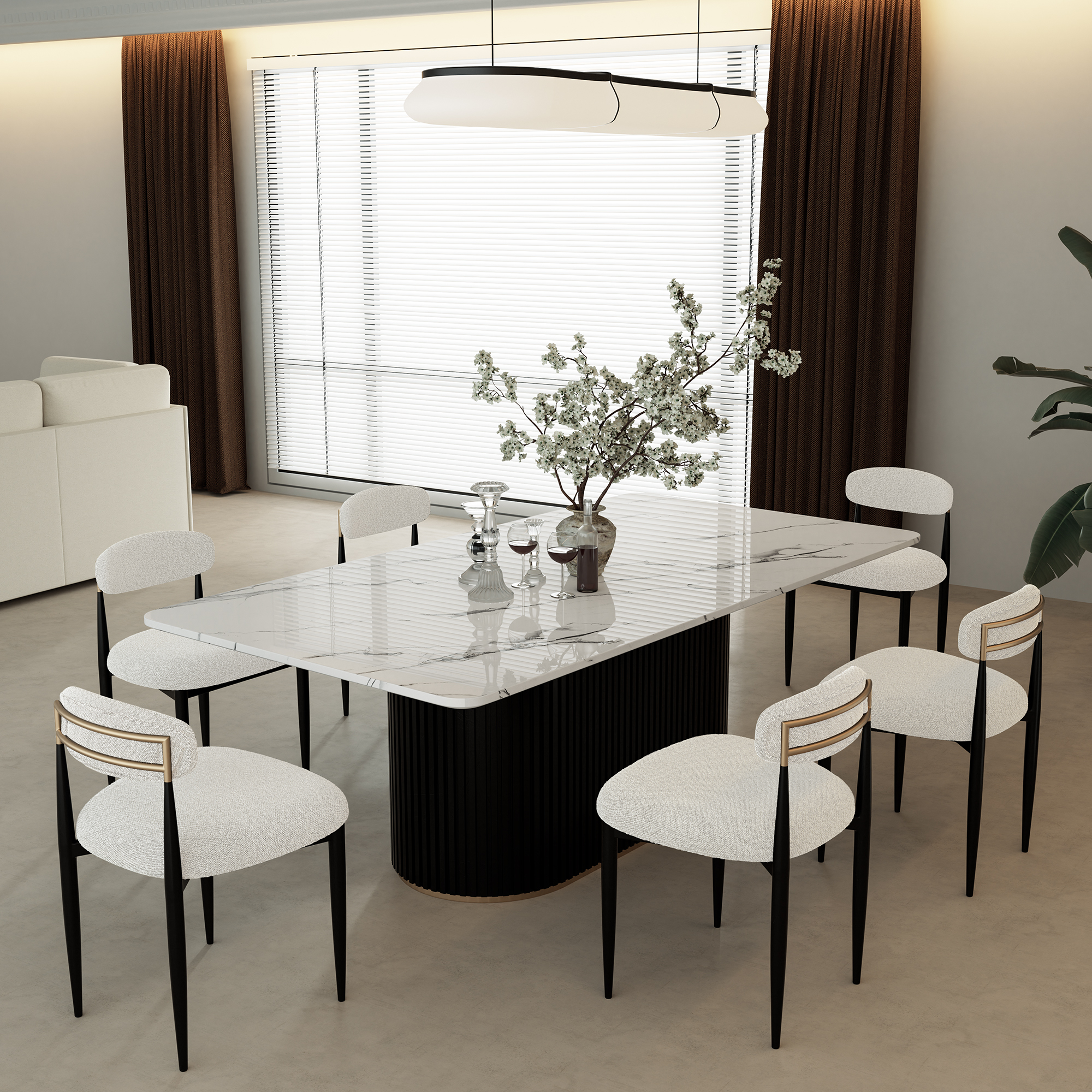 Modern 7-Piece Faux Marble Dining Table Top with Boucle Armless Chairs in White Dining Room Set for Kitchen