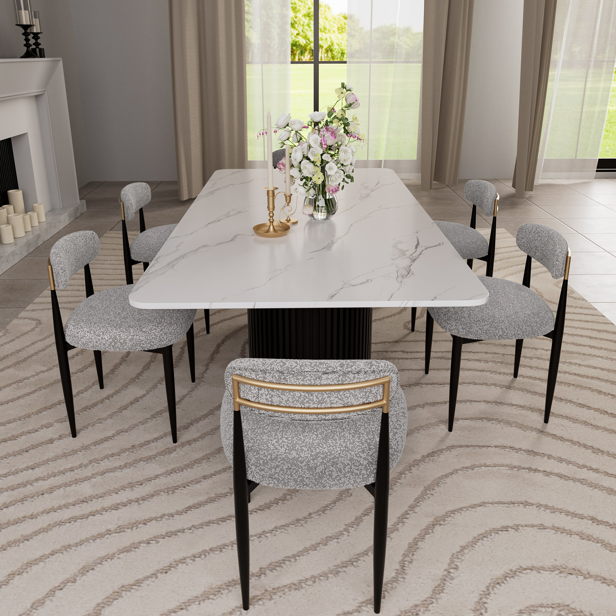Modern 7-Piece Faux Marble Dining Table Top with Boucle Armless Chairs in Gray Dining Room Set for Kitchen