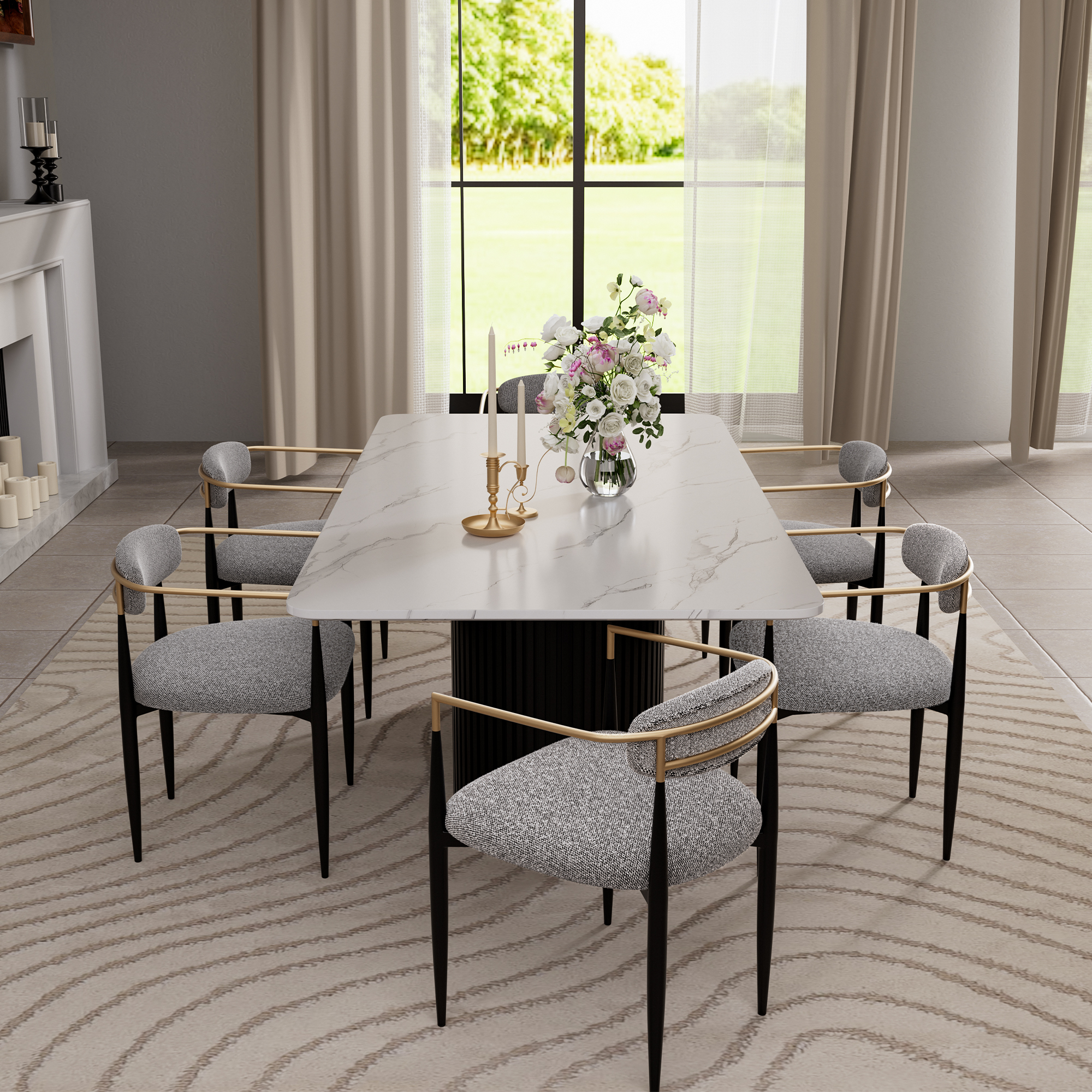 Modern 7-Piece Faux Marble Dining Table Top with Boucle Chairs in Gray Dining Room Set for Kitchen