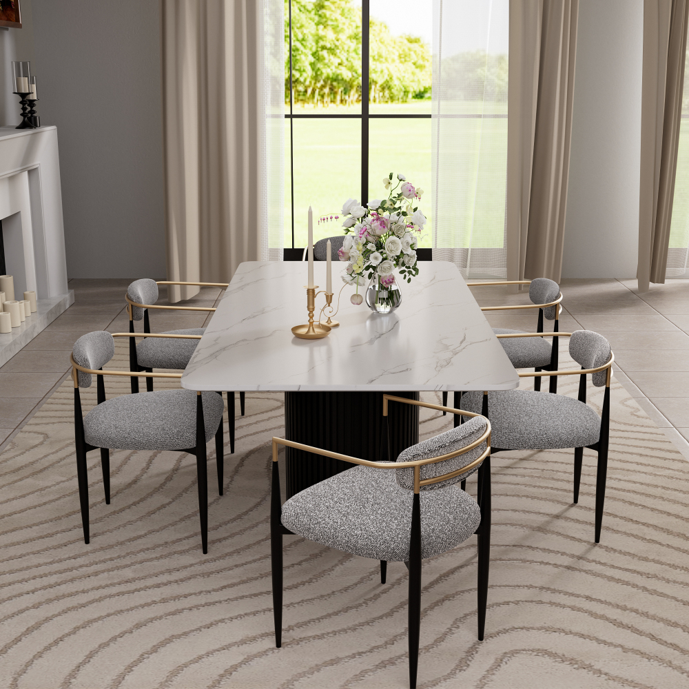 Modern 7-Piece Faux Marble Dining Table Top with Boucle Chairs in Gray Dining Room Set for Kitchen