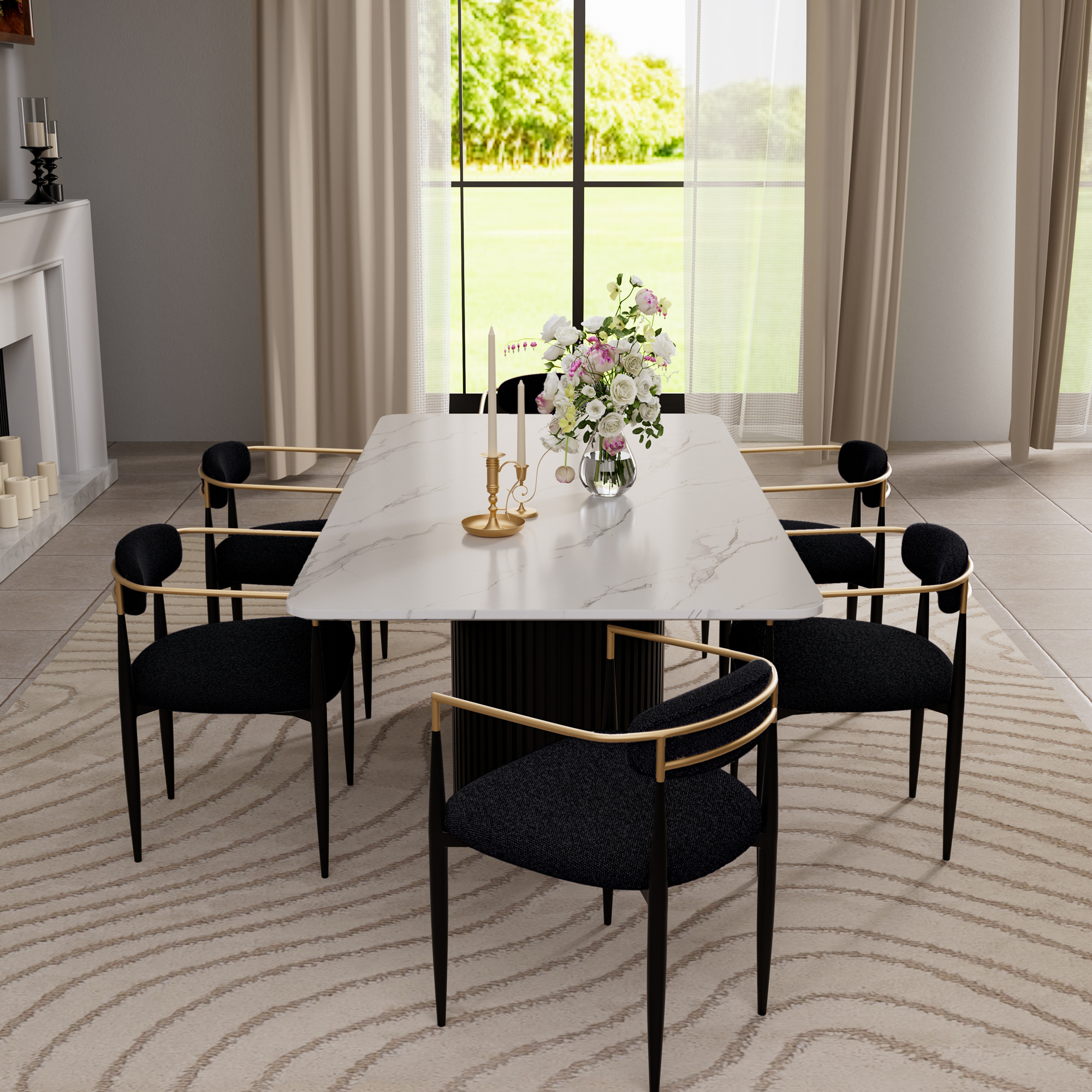 Modern 7-Piece Faux Marble Dining Table Top with Boucle Chairs in Black Dining Room Set for Kitchen
