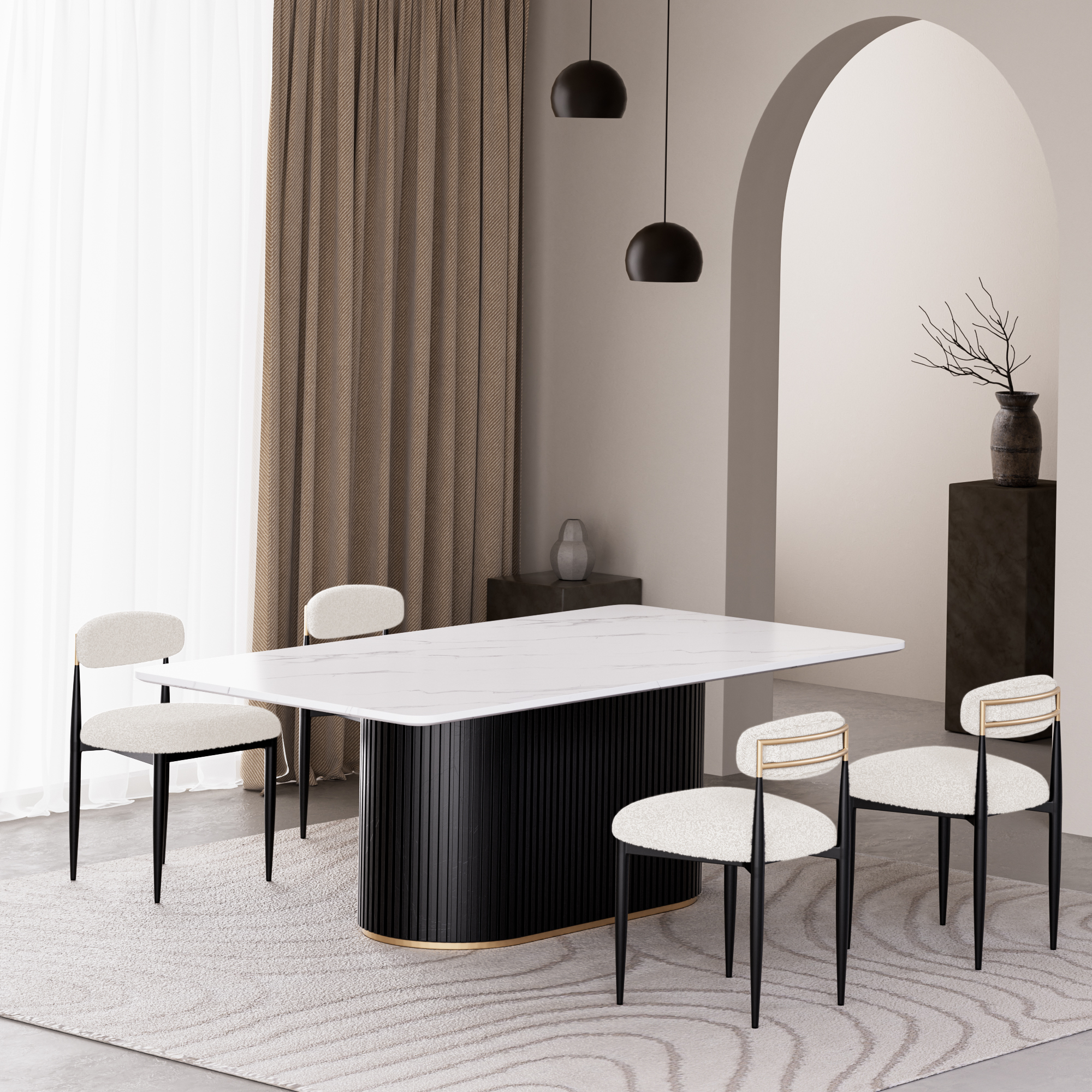 Modern 5-Piece Faux Marble Dining Table Top with Boucle Armless Chairs in White Dining Room Set for Kitchen