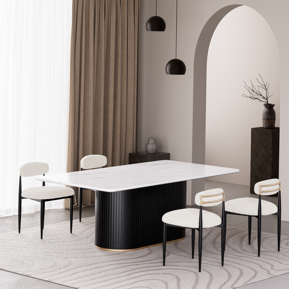 Modern 5-Piece Faux Marble Dining Table Top with Boucle Armless Chairs in White Dining Room Set for Kitchen