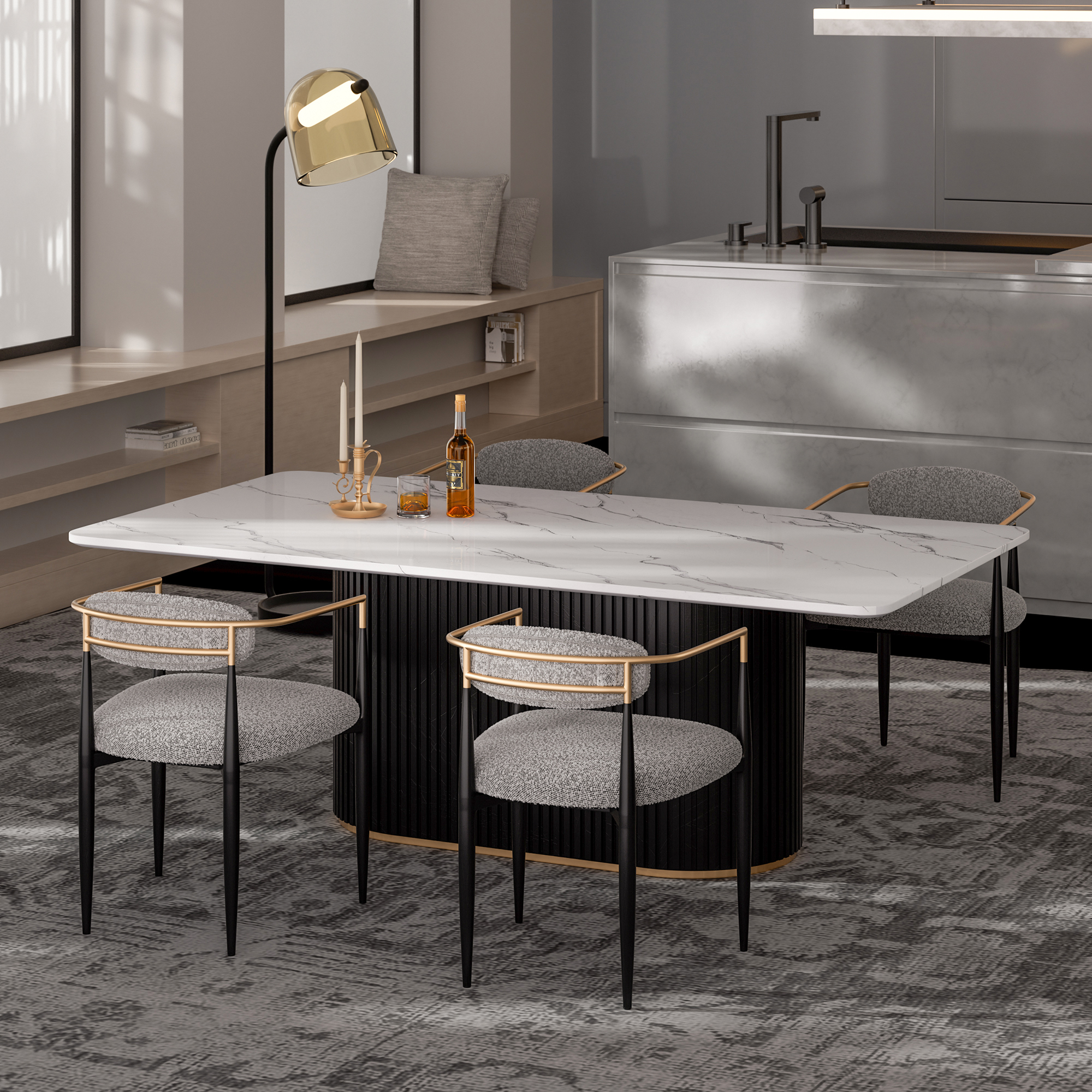 Modern 5-Piece Faux Marble Dining Table Top with Boucle Chairs in Gray Dining Room Set for Kitchen