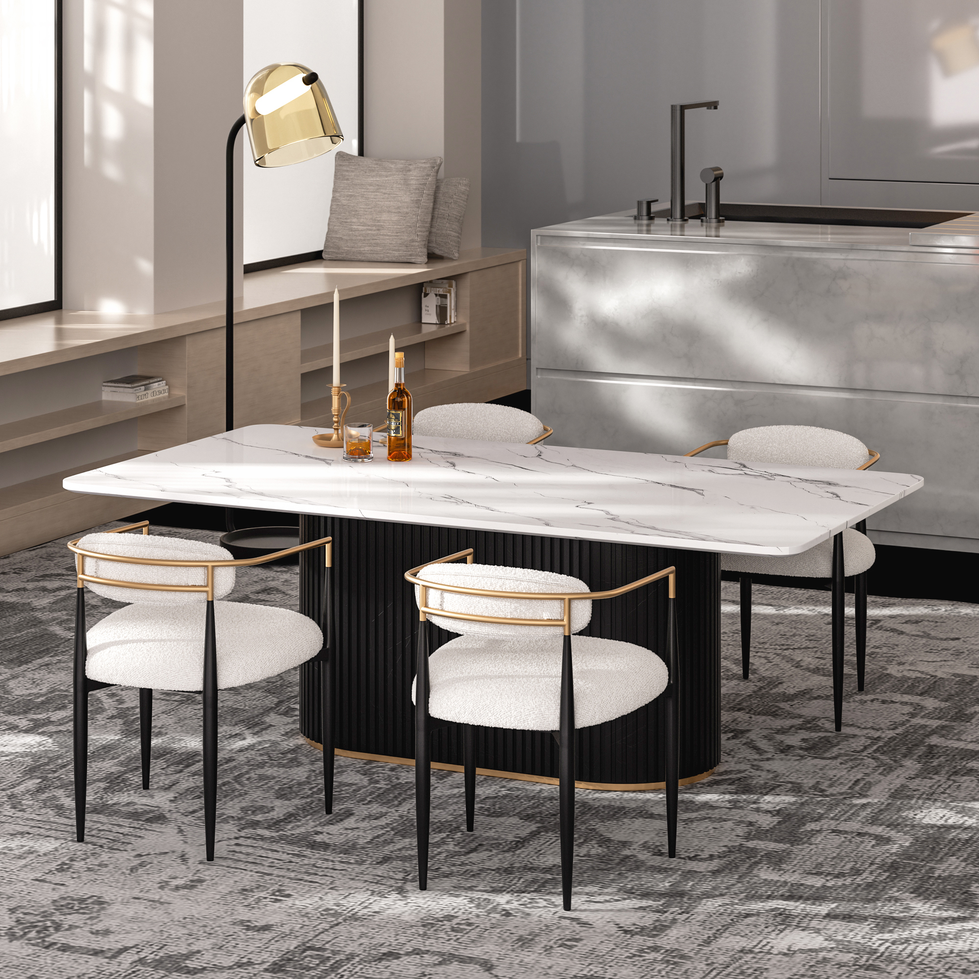 Modern 5-Piece Faux Marble Dining Table Top with Boucle Chairs in White Dining Room Set for Kitchen