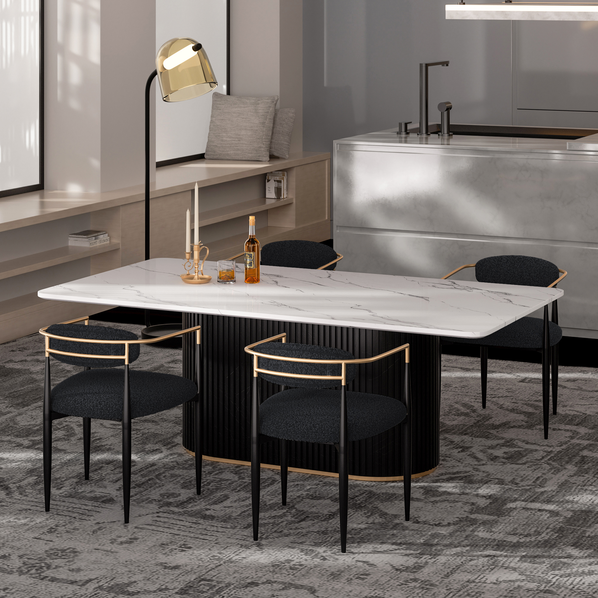 Modern 5-Piece Faux Marble Dining Table Top with Boucle Chairs in Black Dining Room Set for Kitchen