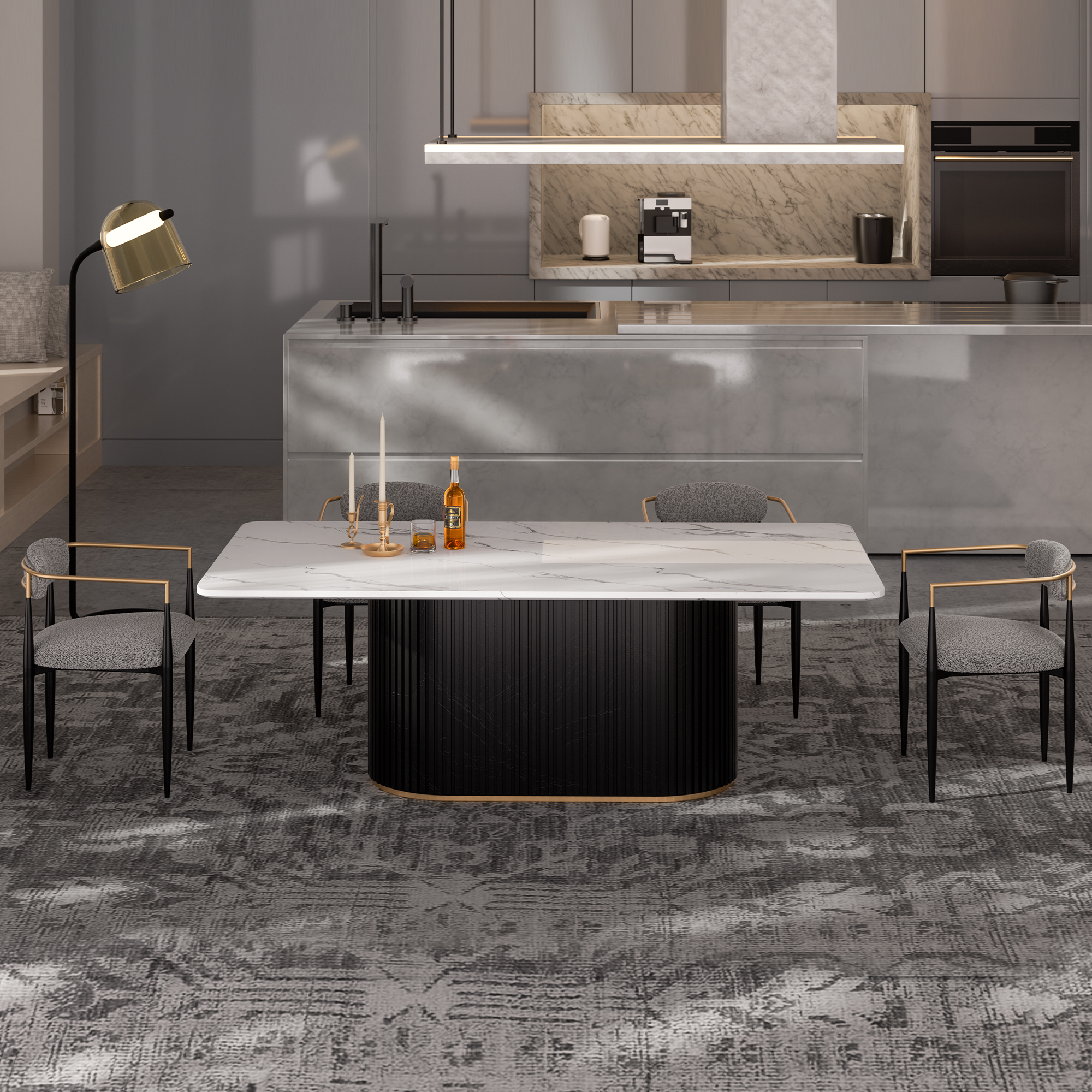 Modern 5-Piece Faux Marble Dining Table Top with Boucle Chairs in Gray Dining Room Set for Kitchen