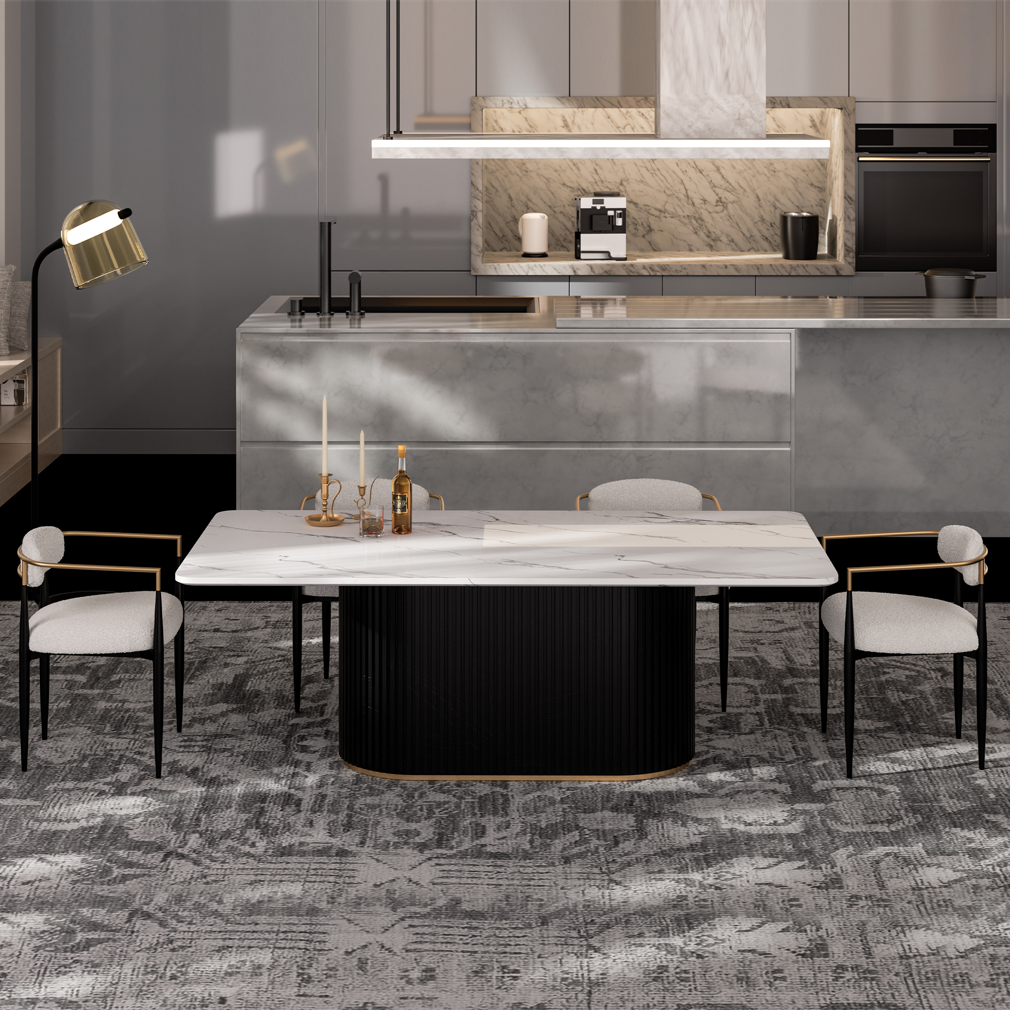 Modern 5-Piece Faux Marble Dining Table Top with Boucle Chairs in White Dining Room Set for Kitchen