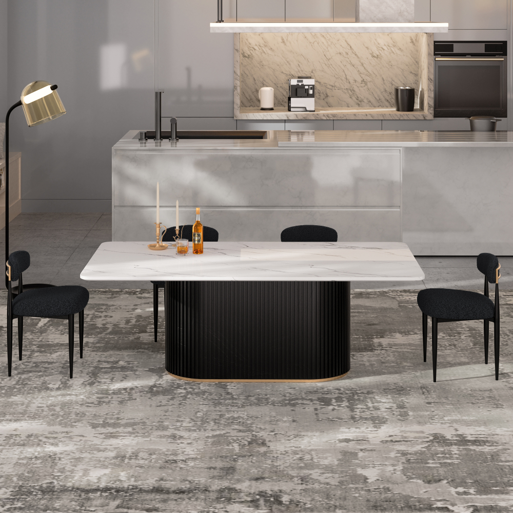 Modern 5-Piece Faux Marble Dining Table Top with Boucle Armless Chairs in Black Dining Room Set for Kitchen