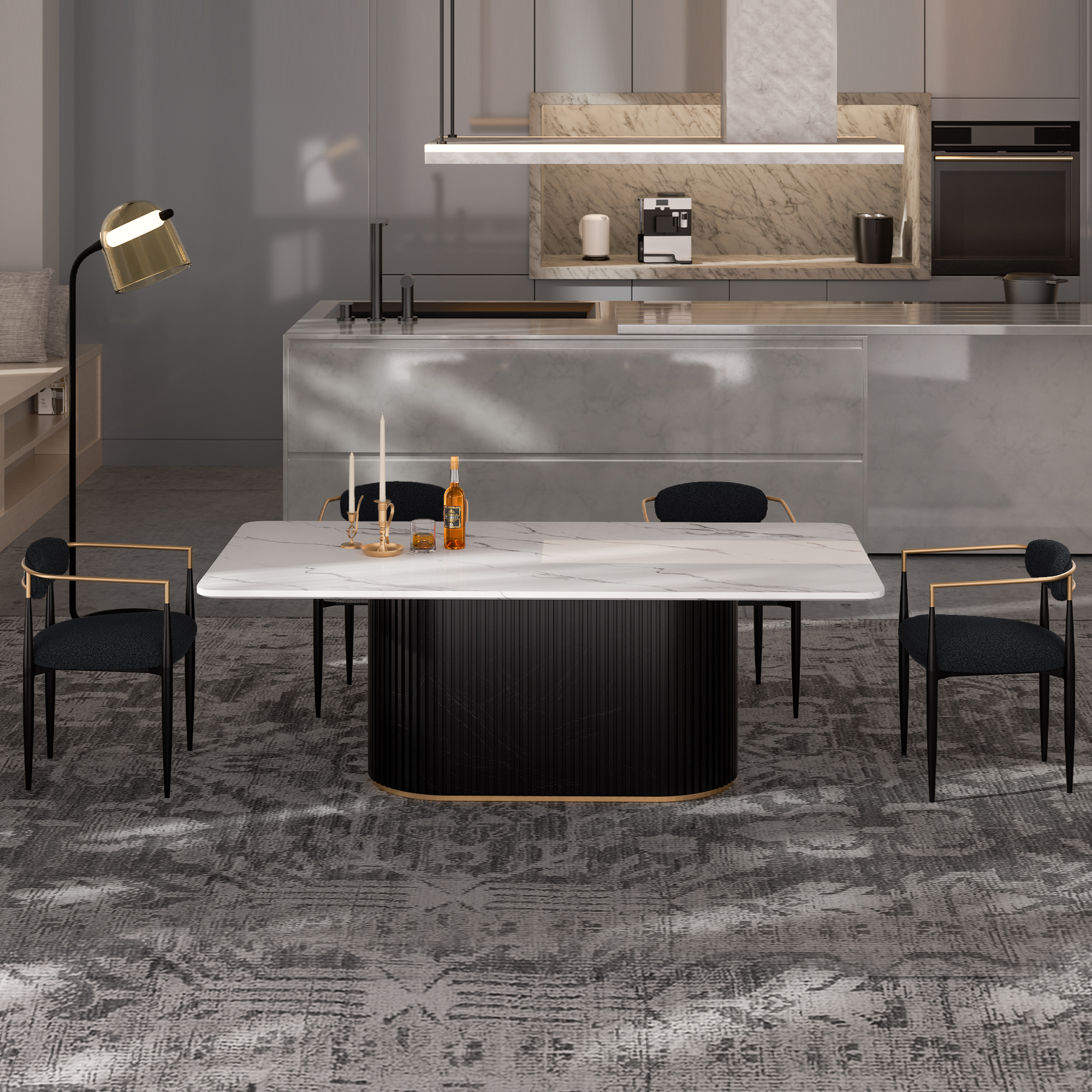 Modern 5-Piece Faux Marble Dining Table Top with Boucle Chairs in Black Dining Room Set for Kitchen