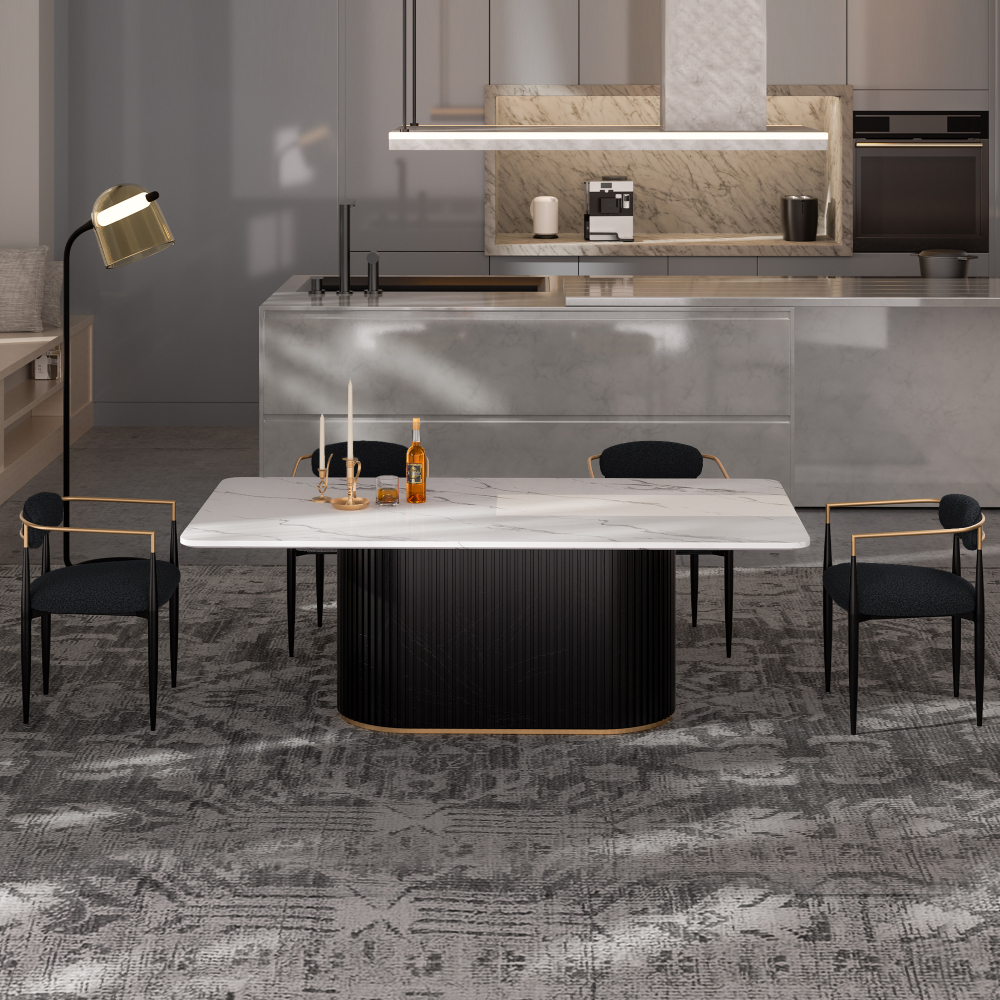 Modern 5-Piece Faux Marble Dining Table Top with Boucle Chairs in Black Dining Room Set for Kitchen