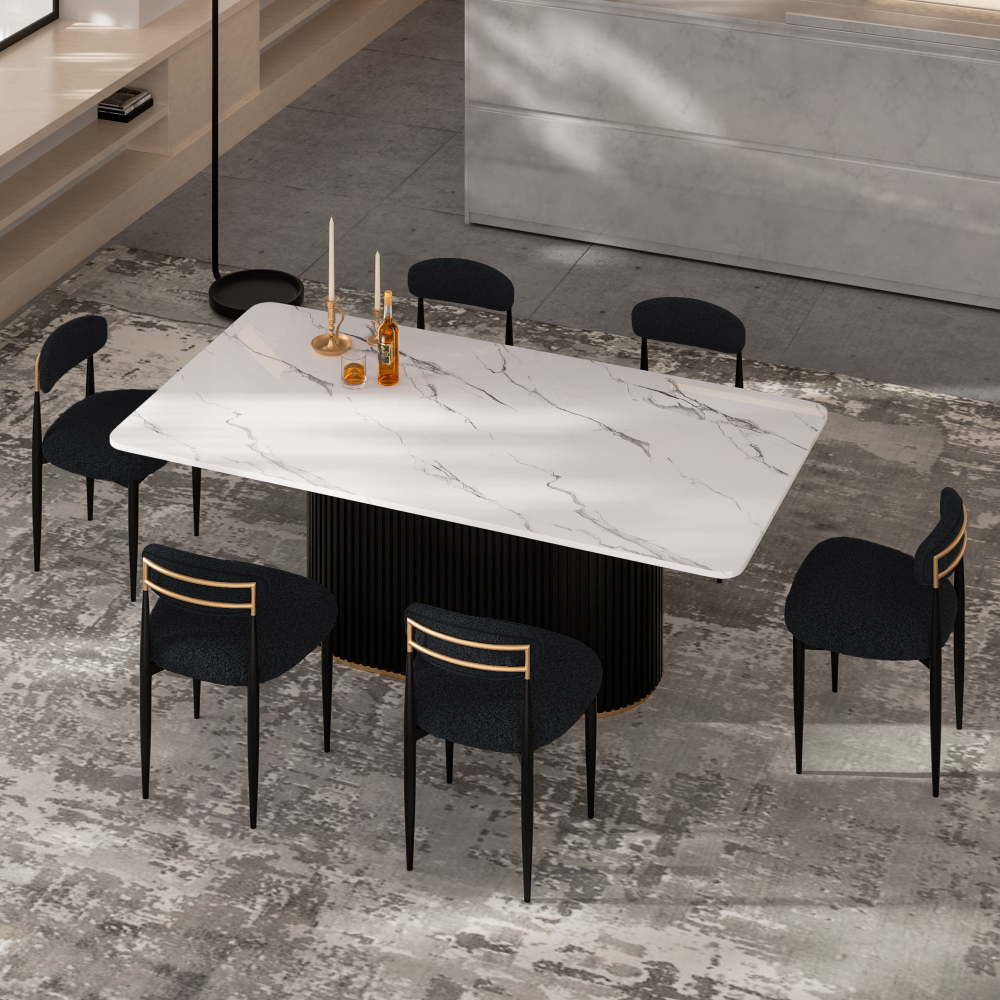 Modern 7-Piece Faux Marble Dining Table Top with Boucle Armless Chairs in Black Dining Room Set for Kitchen